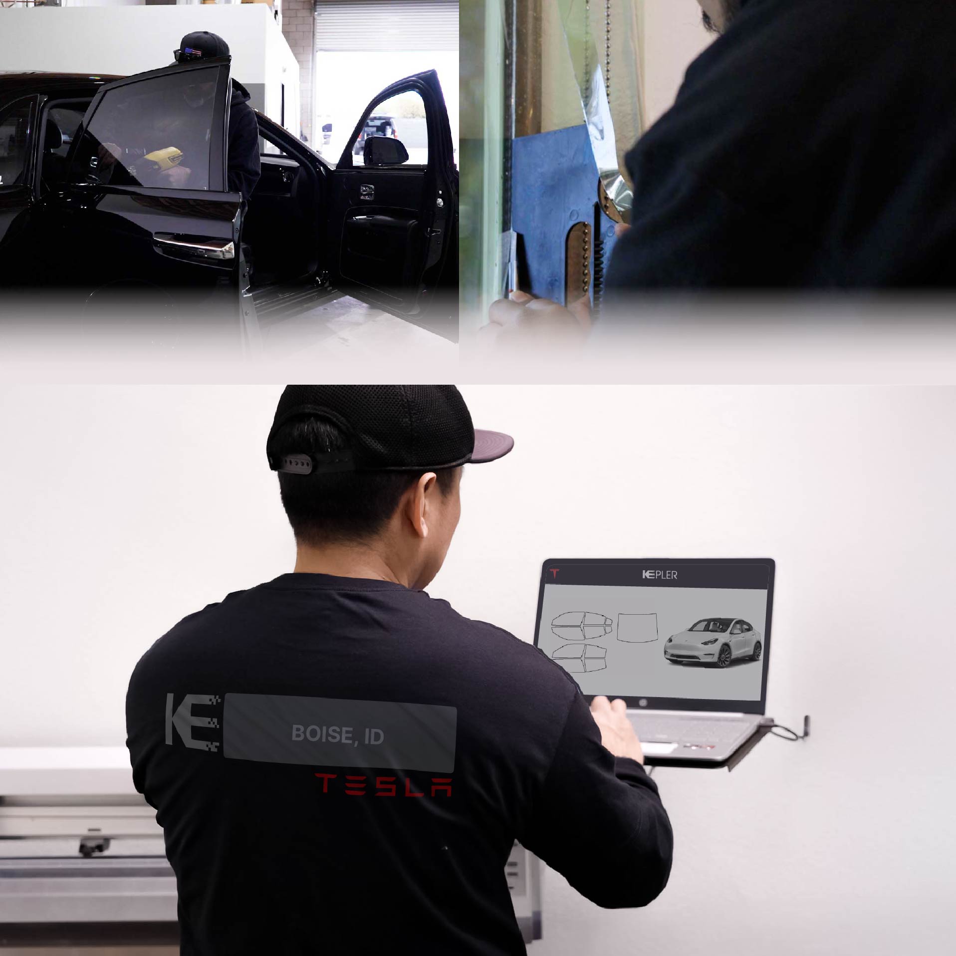 Kepler Technician Fitting High-tech Window Tint to Tesla in Boise