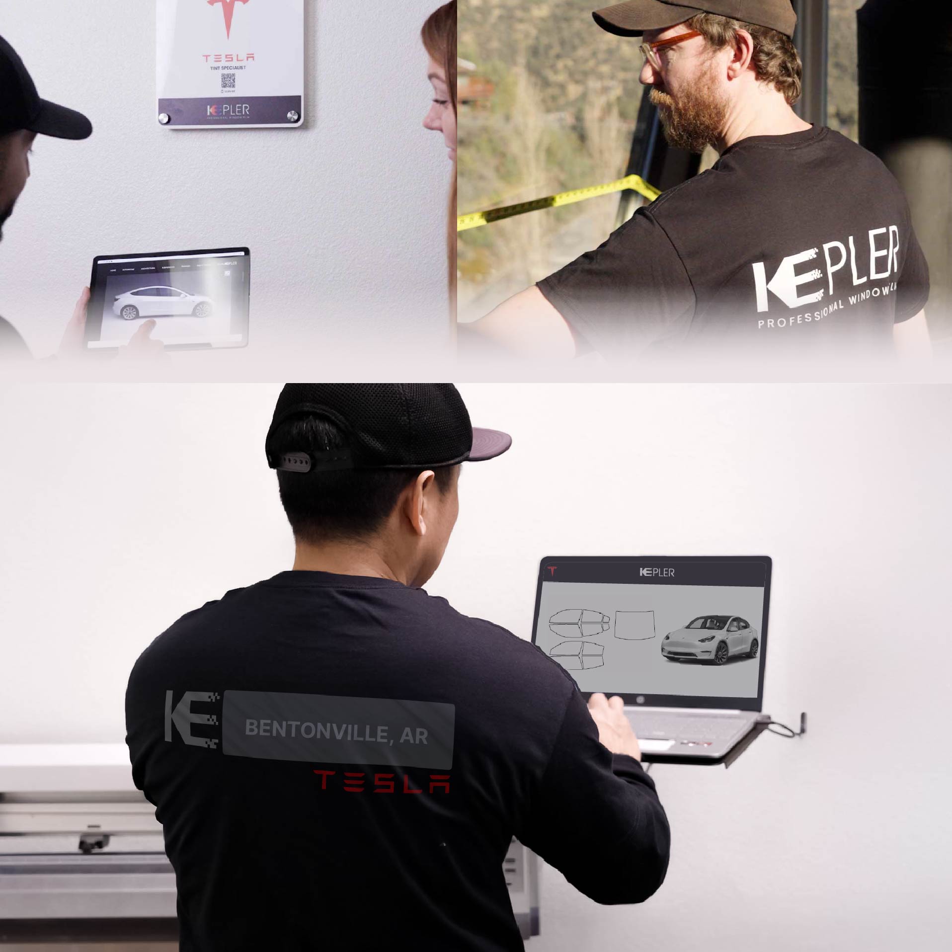 Expert Technician Installing High-tech Window Tint to Tesla in Bentonville