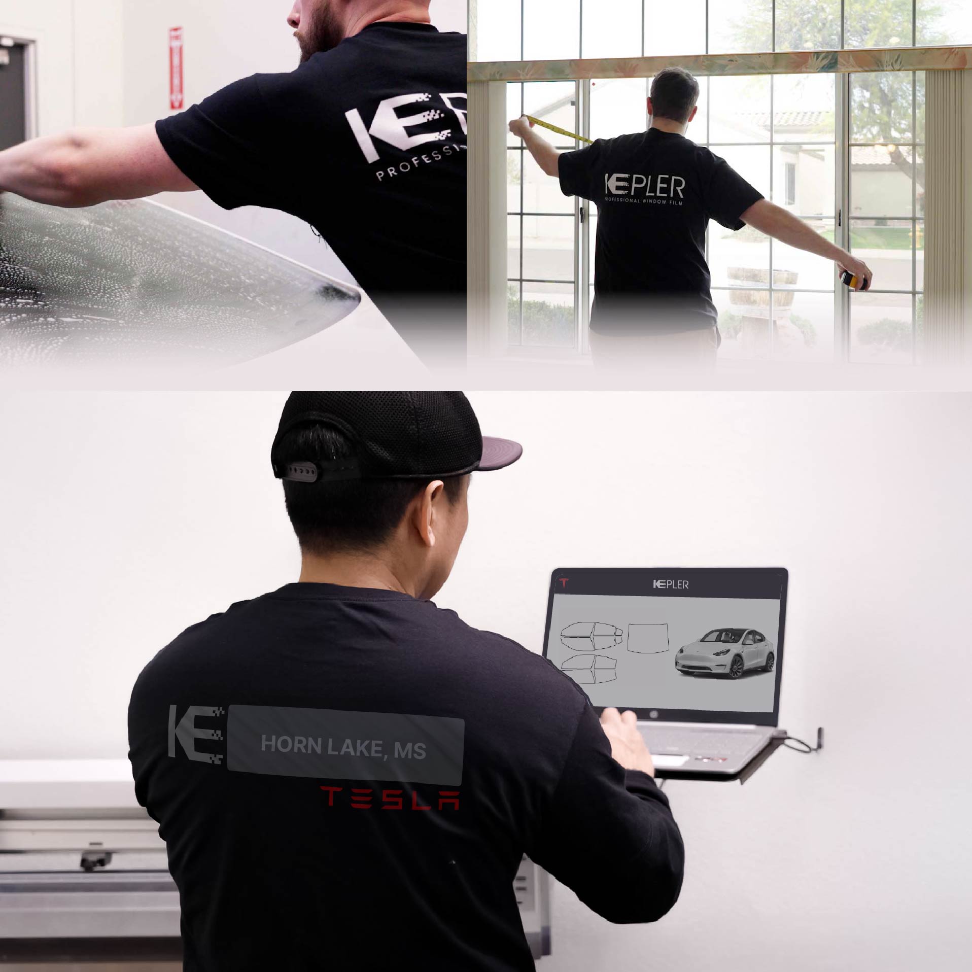 Kepler Technician Installing Ceramic Window Tint to Tesla in Horn Lake
