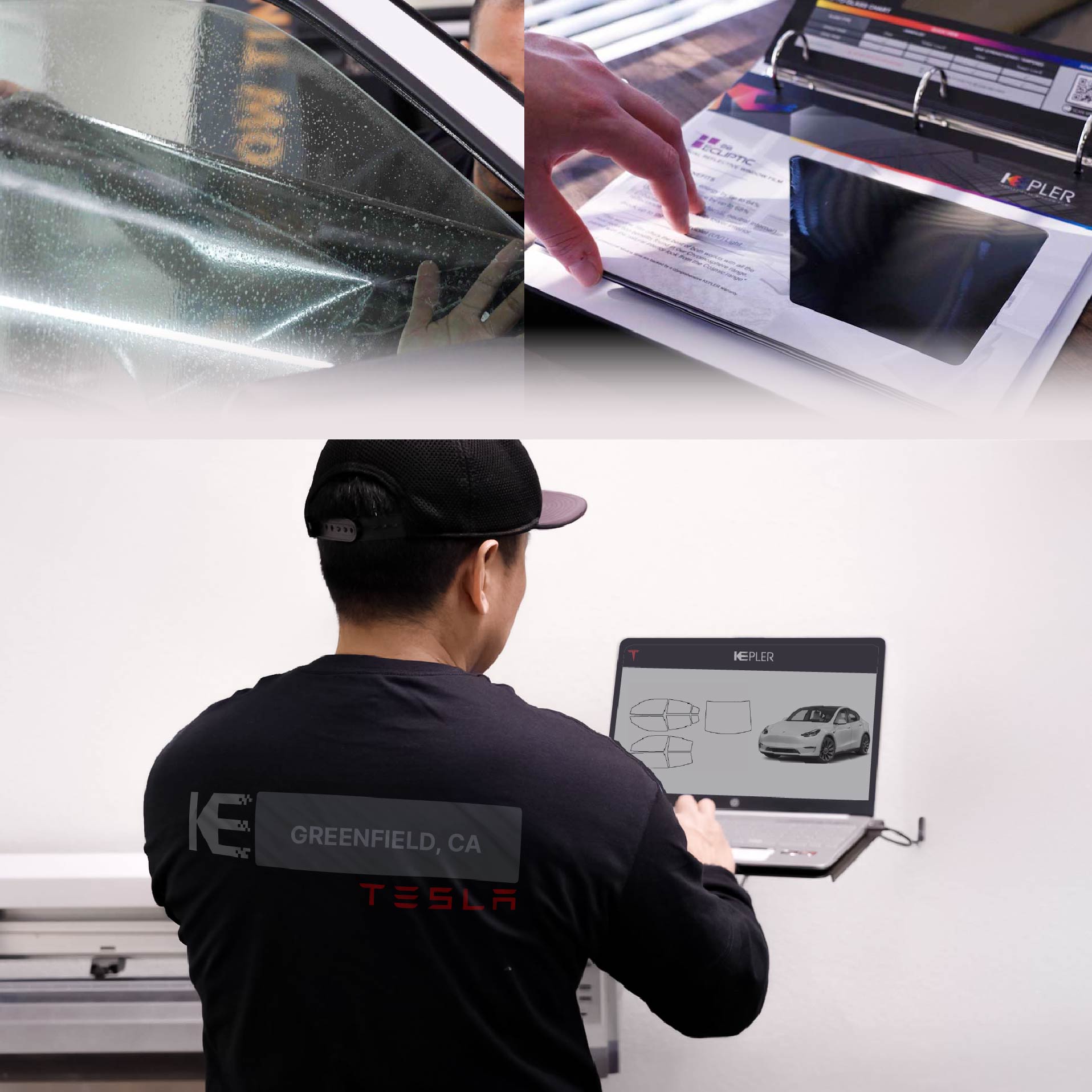Kepler Technician Fitting Ceramic Window Tint to Tesla in Greenfield