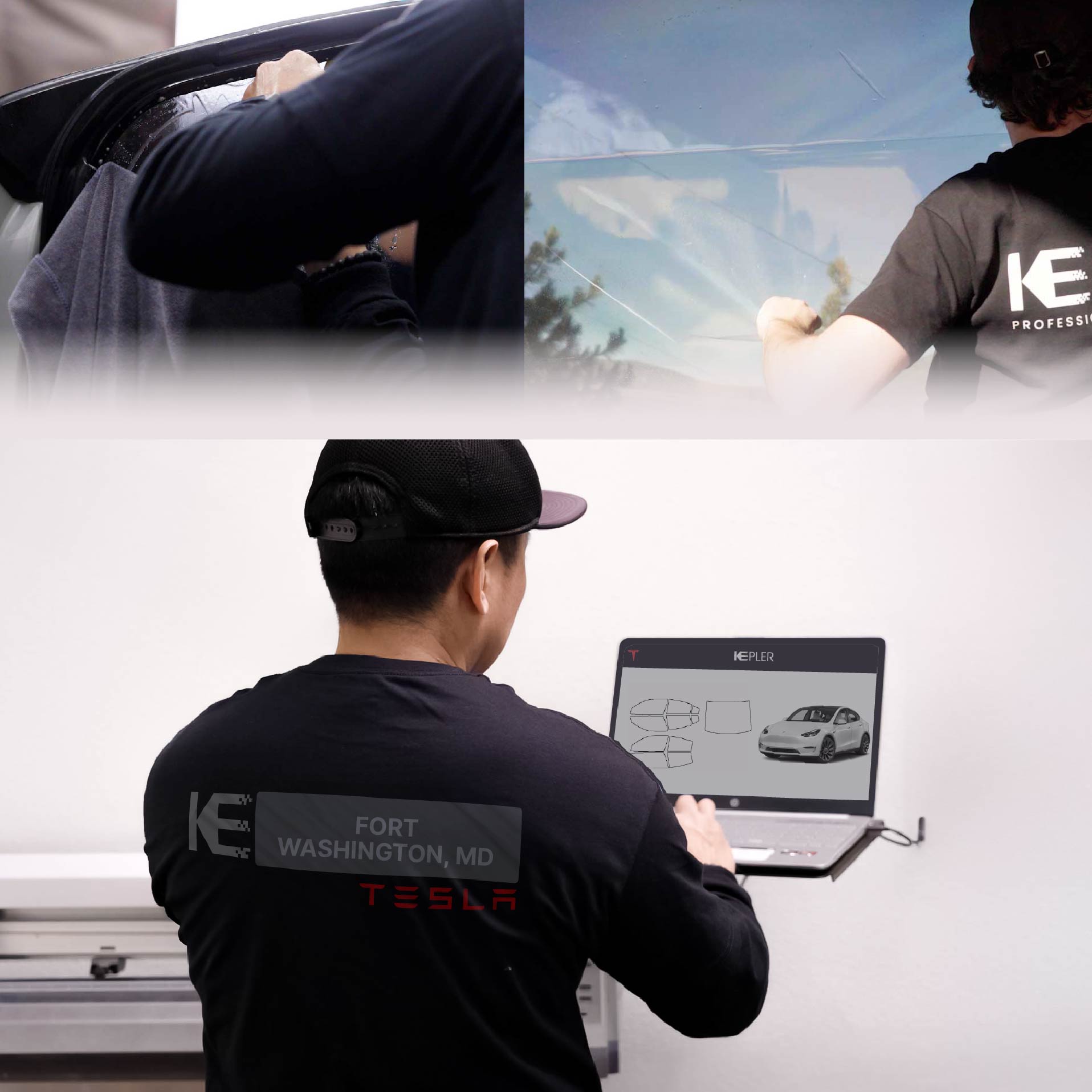 Expert Technician Fitting Ceramic Window Tint to Tesla in Fort Washington