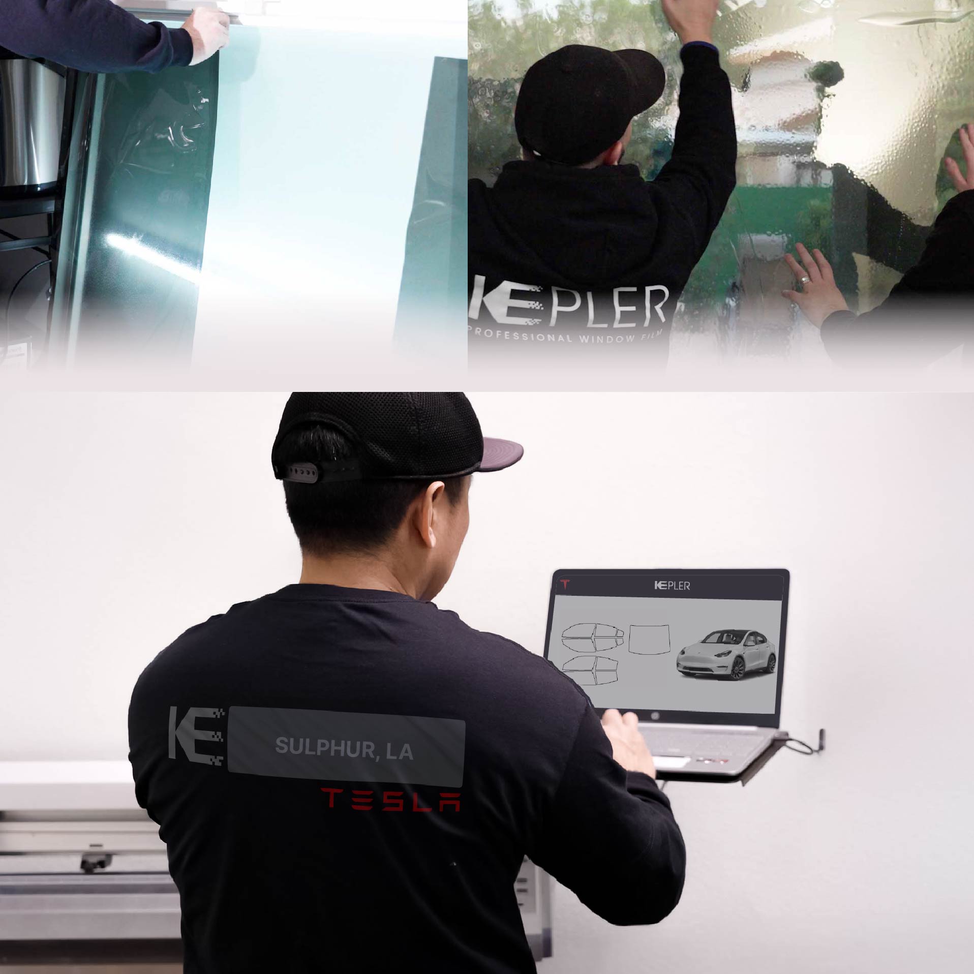 Expert Technician Fitting Advanced Window Tint to Tesla in Sulphur