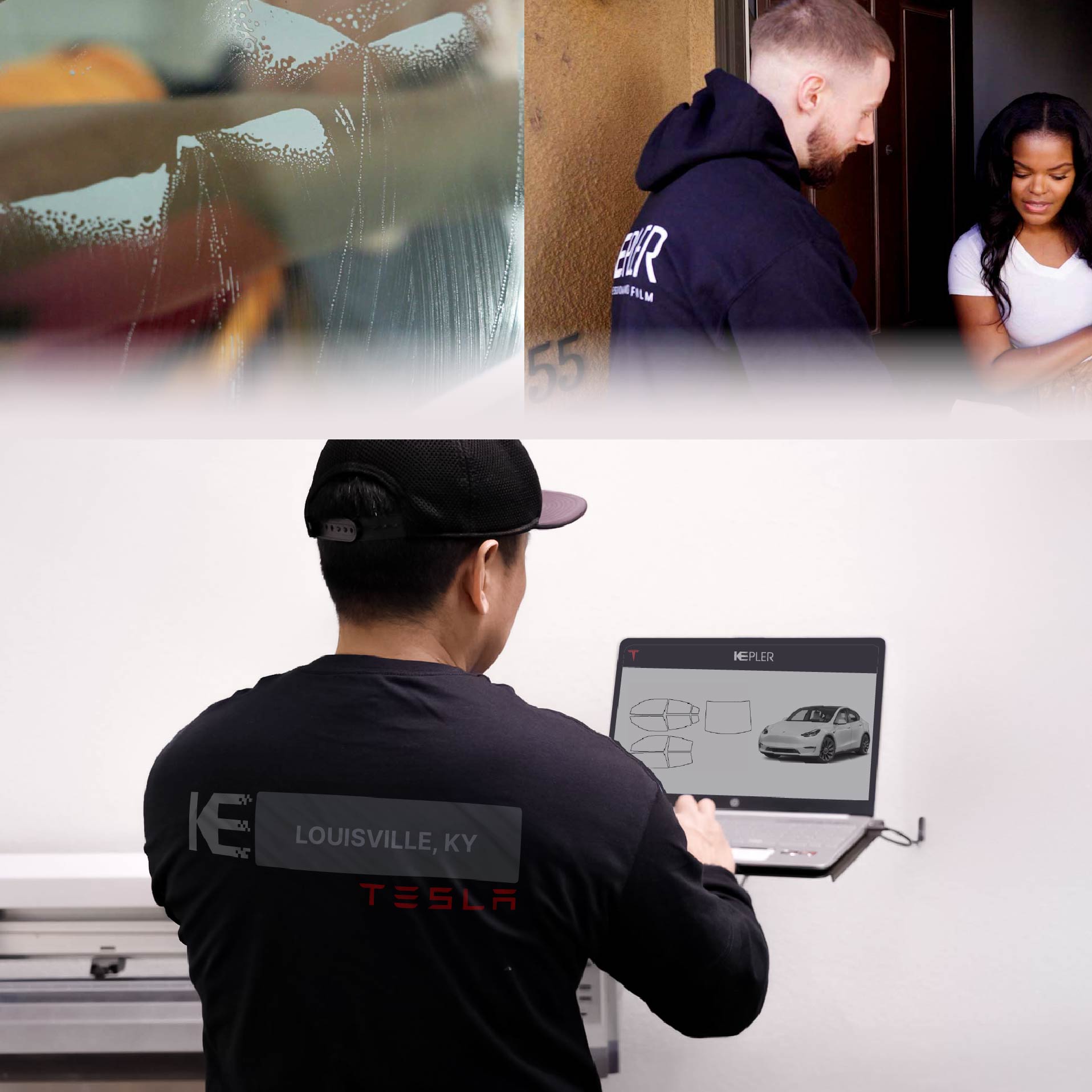 Kepler Technician Installing Ceramic Window Tint to Tesla in Louisville