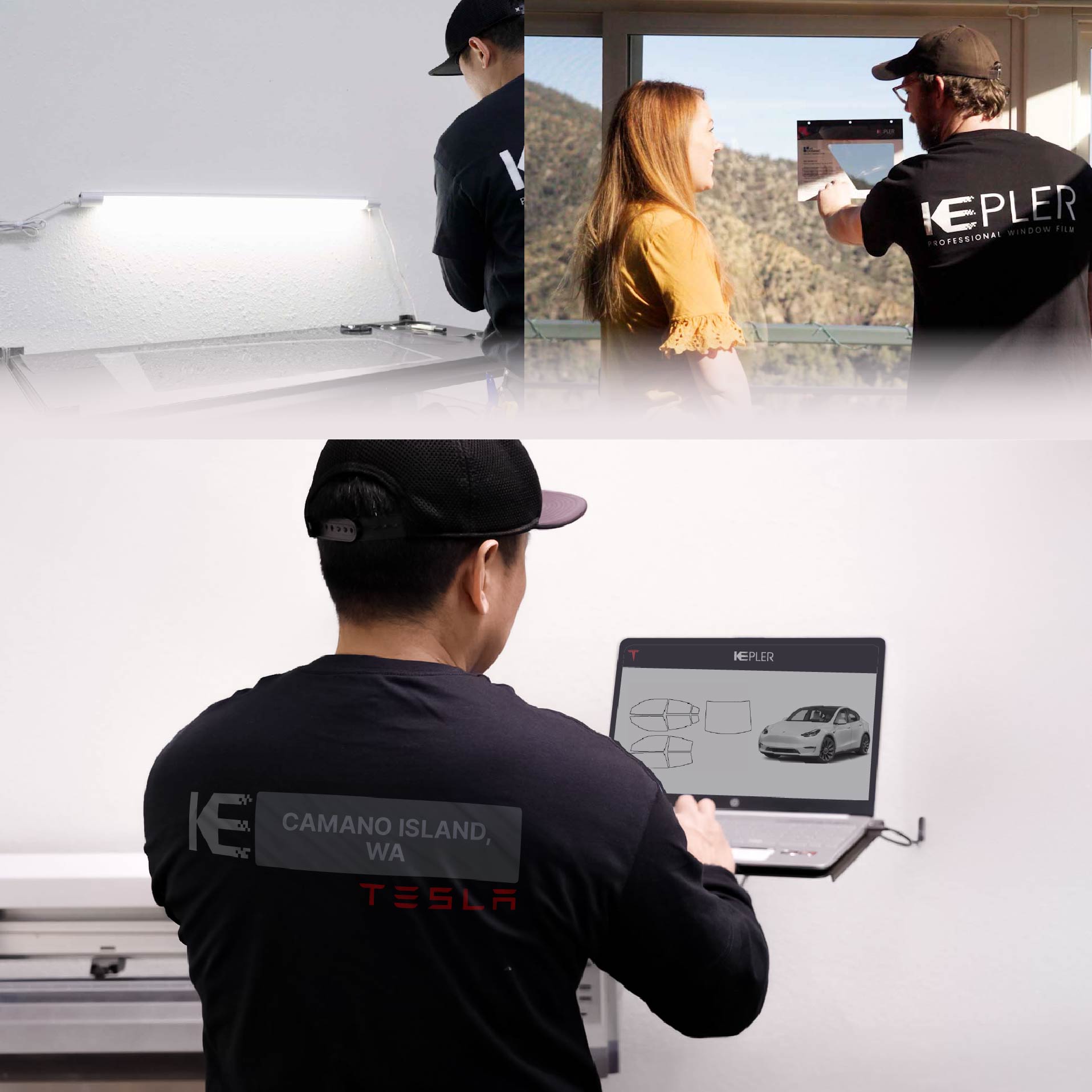 Kepler Technician Applying High-tech Window Tint to Tesla in Camano Island