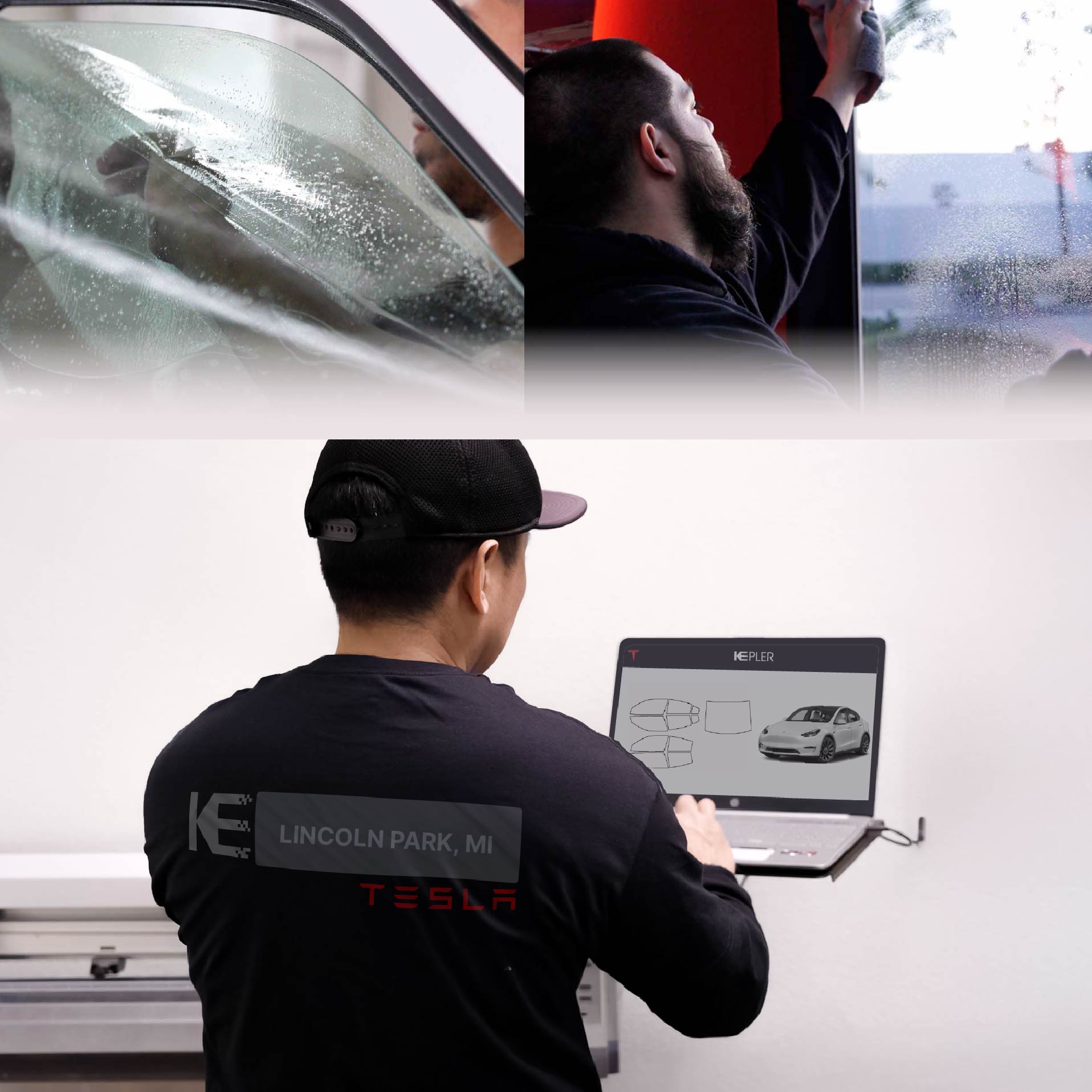 Kepler Technician Fitting Advanced Window Tint to Tesla in Lincoln Park