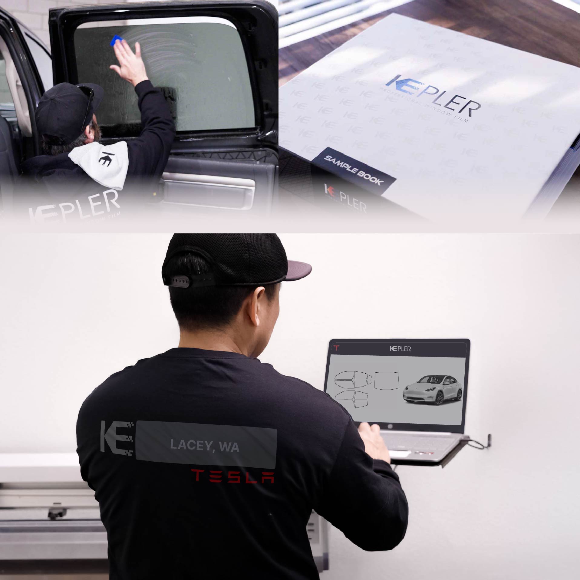 Kepler Technician Applying Advanced Window Tint to Tesla in Lacey