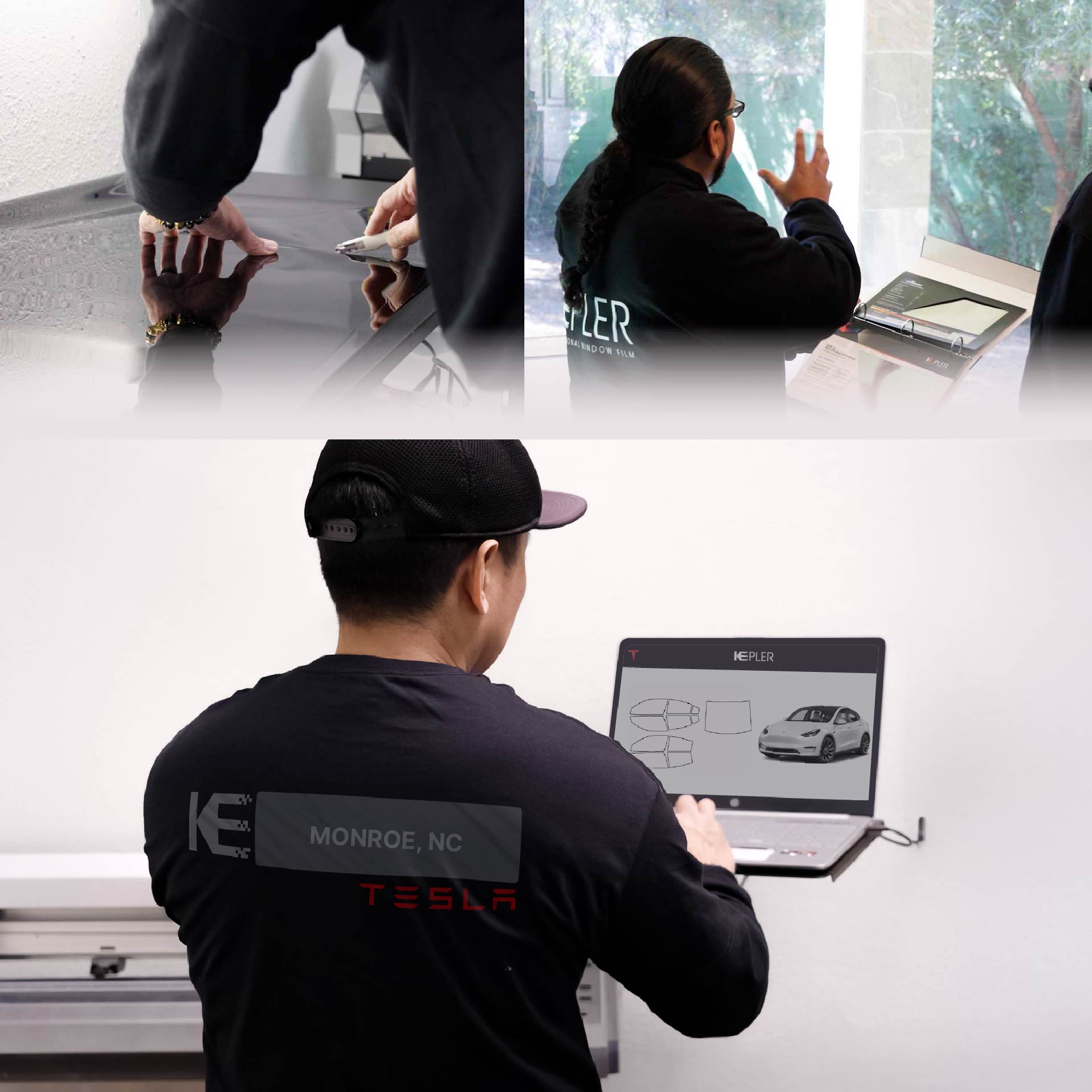 Expert Technician Applying Advanced Window Tint to Tesla in Monroe