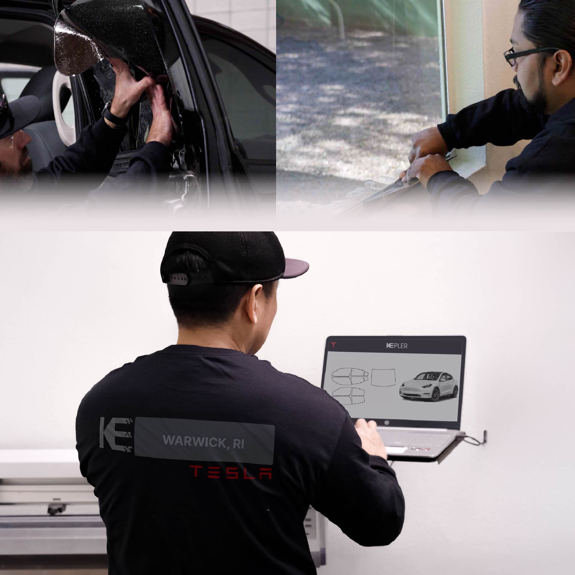 Kepler Technician Installing High-tech Window Tint to Tesla in Warwick