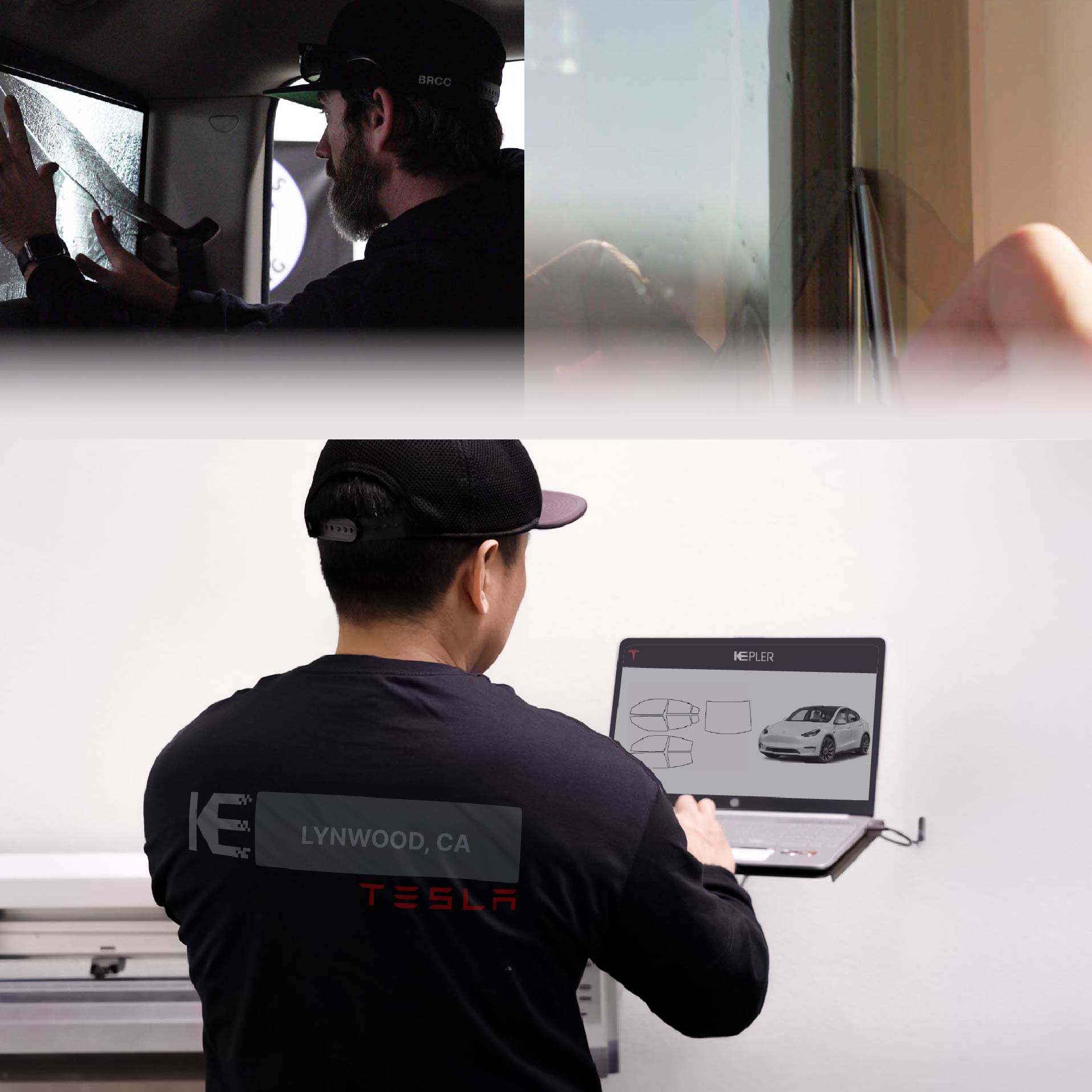 Kepler Technician Fitting Ceramic Window Tint to Tesla in Lynwood