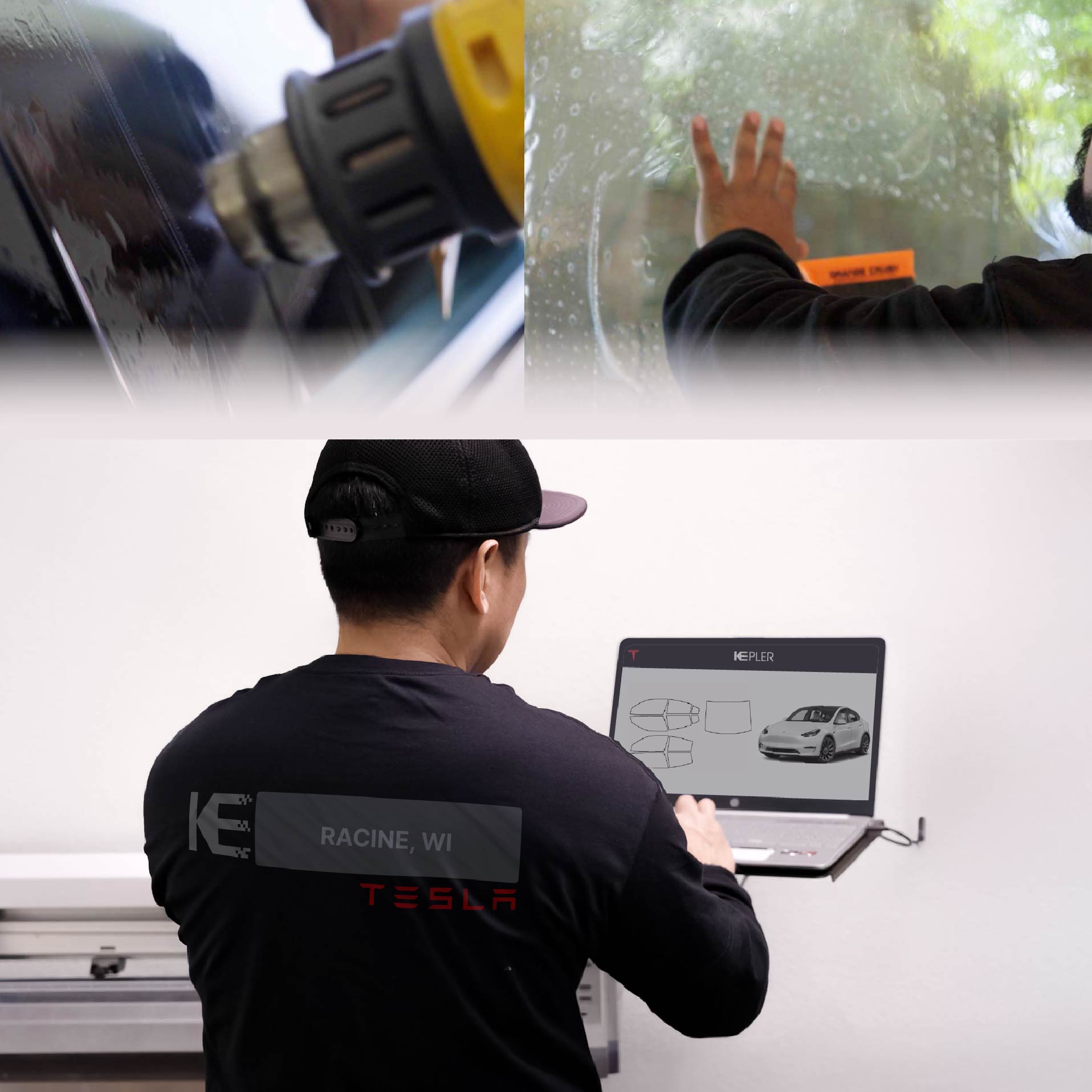 Expert Technician Applying Advanced Window Tint to Tesla in Racine