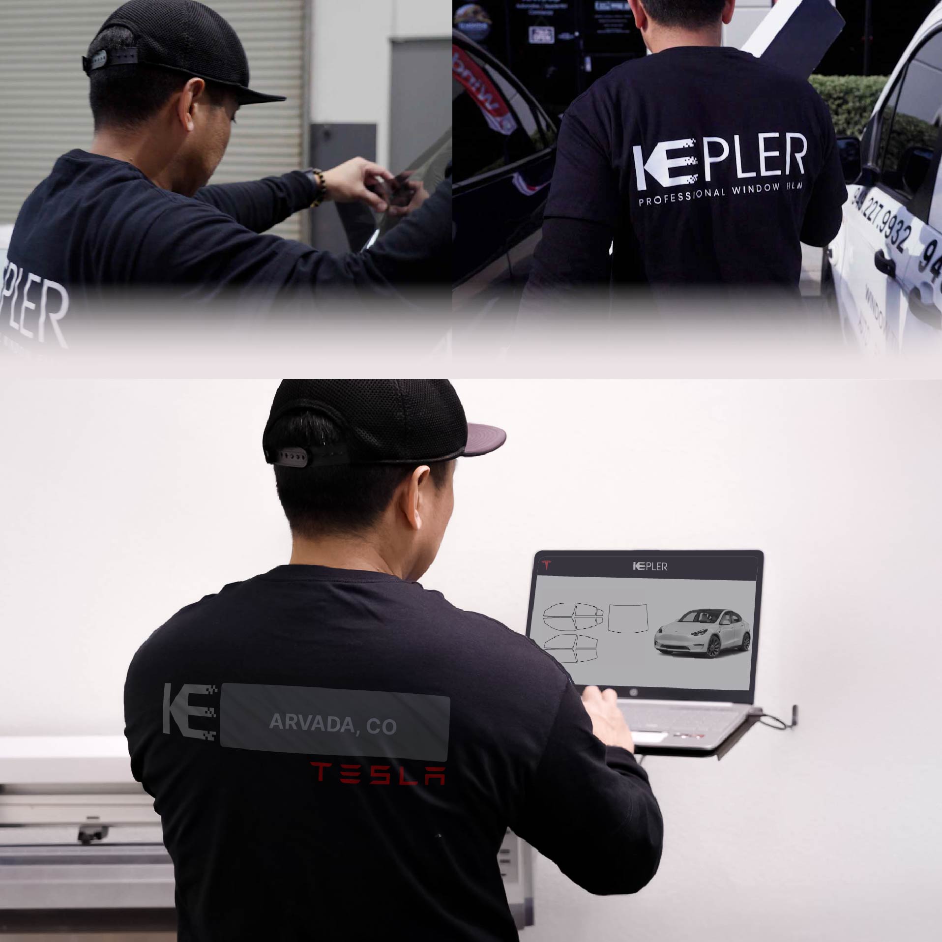 Expert Technician Fitting High-tech Window Tint to Tesla in Arvada