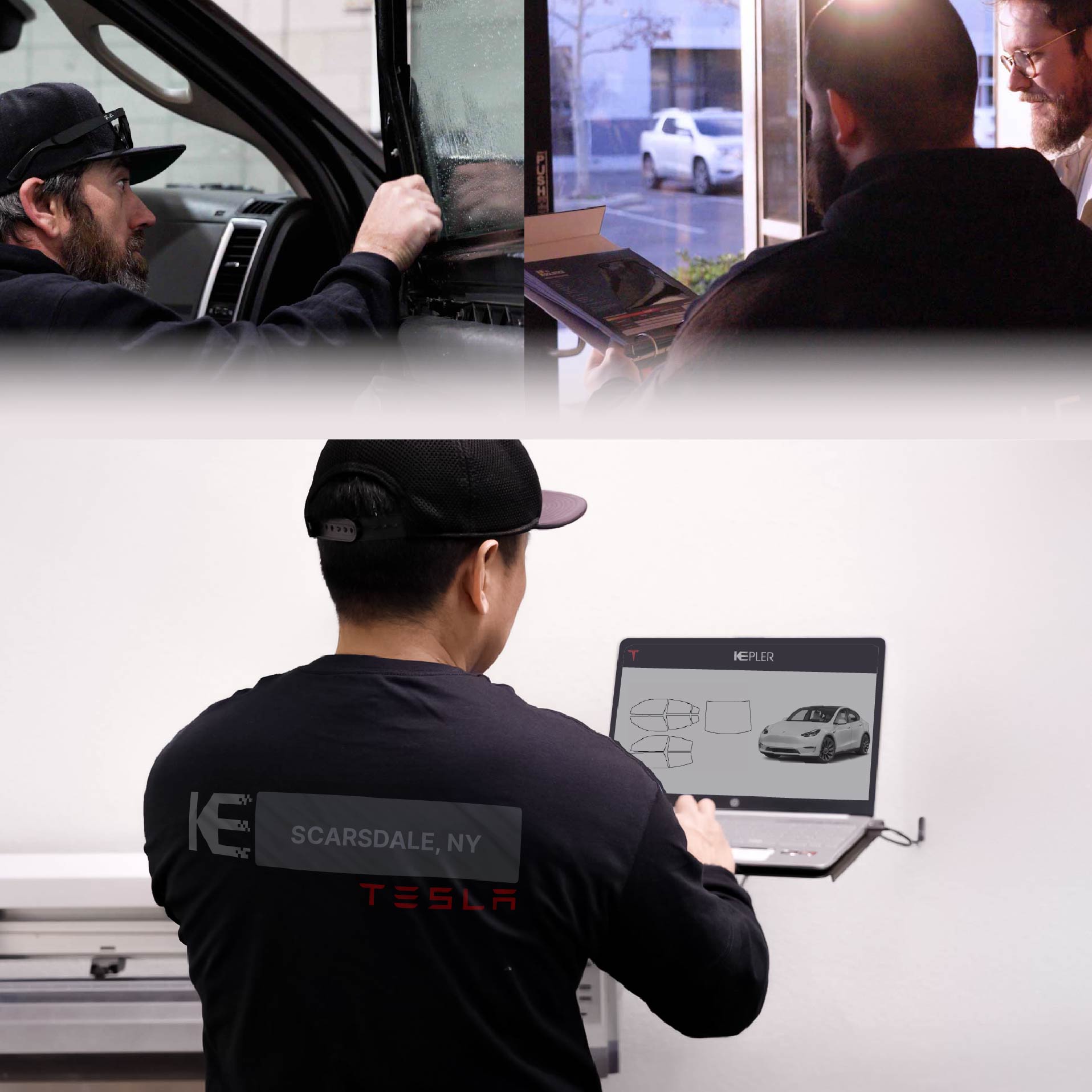 Kepler Technician Applying High-tech Window Tint to Tesla in Scarsdale