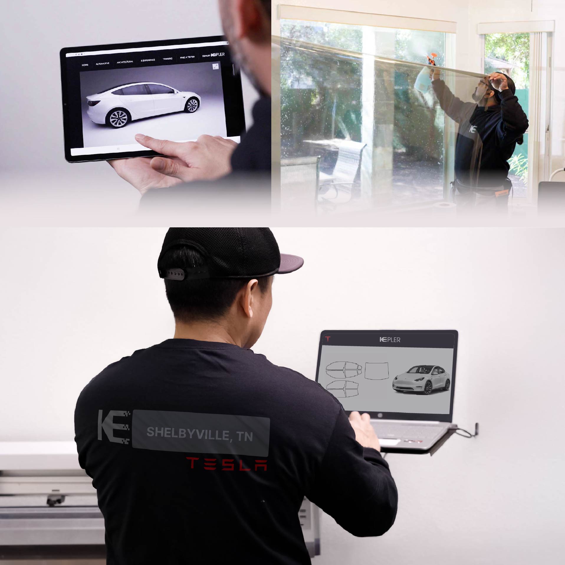 Kepler Technician Fitting Advanced Window Tint to Tesla in Shelbyville