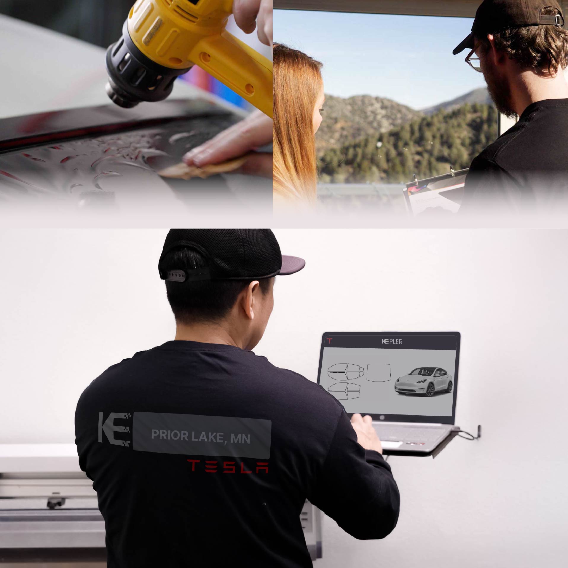 Expert Technician Fitting Ceramic Window Tint to Tesla in Prior Lake