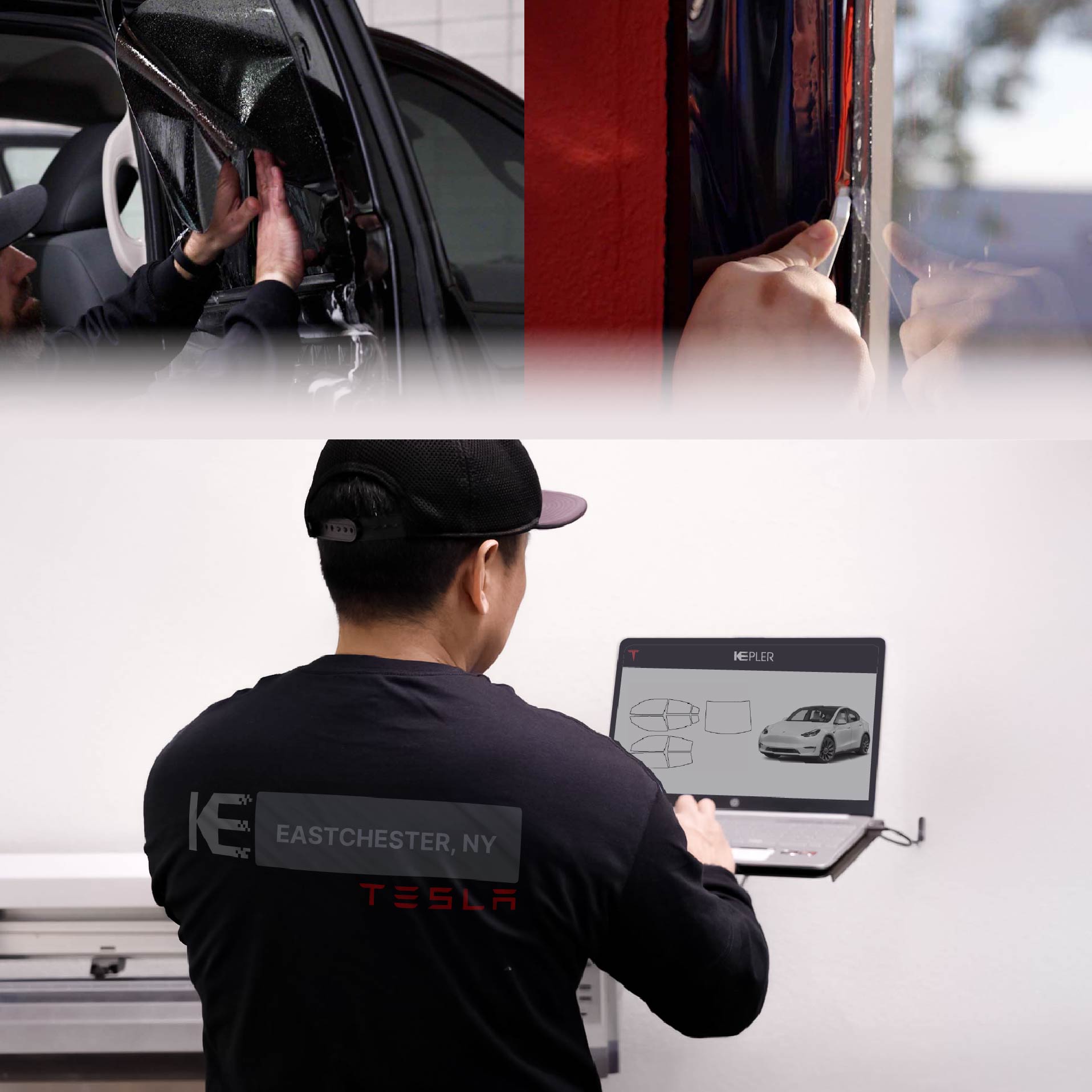 Kepler Technician Fitting Ceramic Window Tint to Tesla in Eastchester