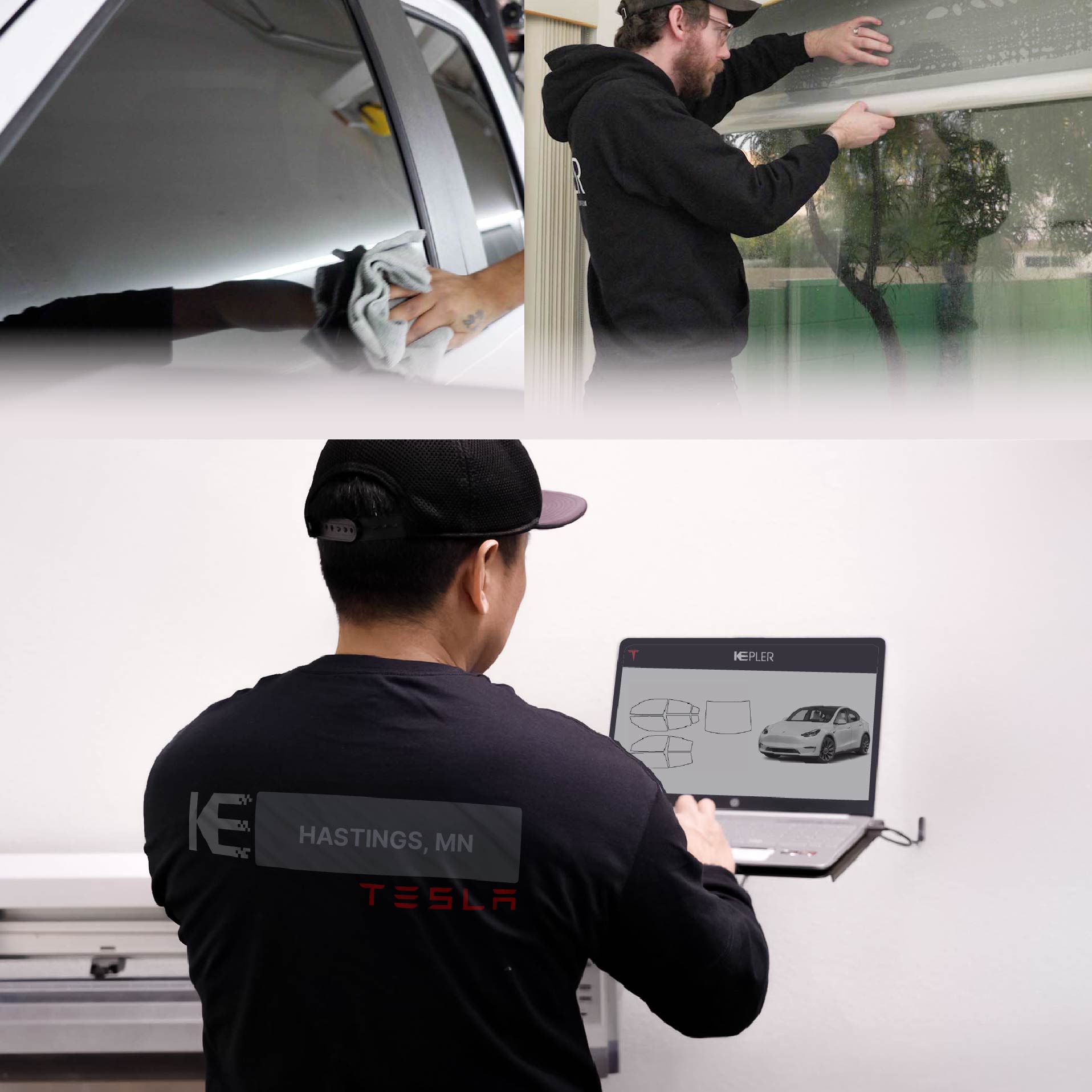 Kepler Technician Fitting Advanced Window Tint to Tesla in Hastings