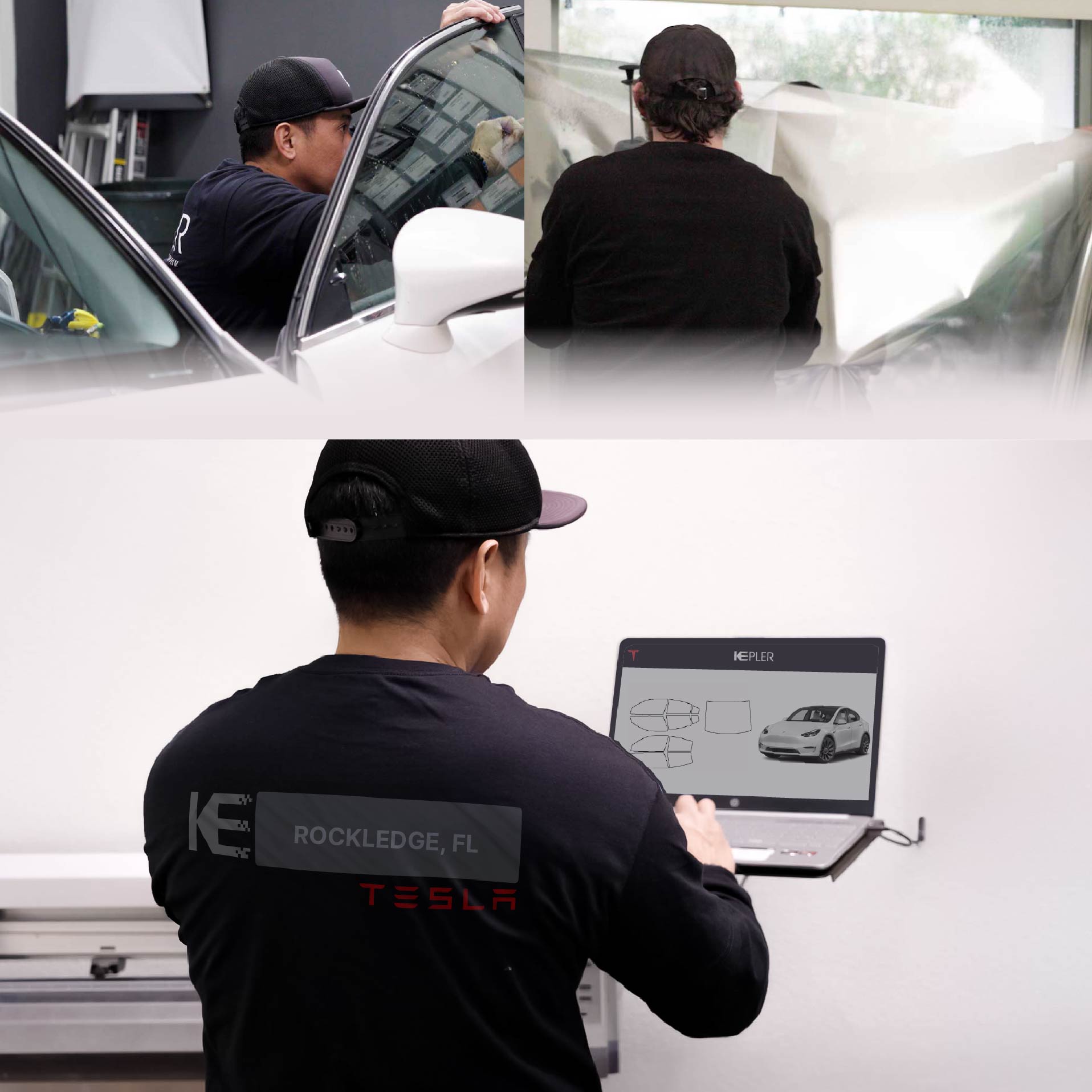 Expert Technician Applying Advanced Window Tint to Tesla in Rockledge
