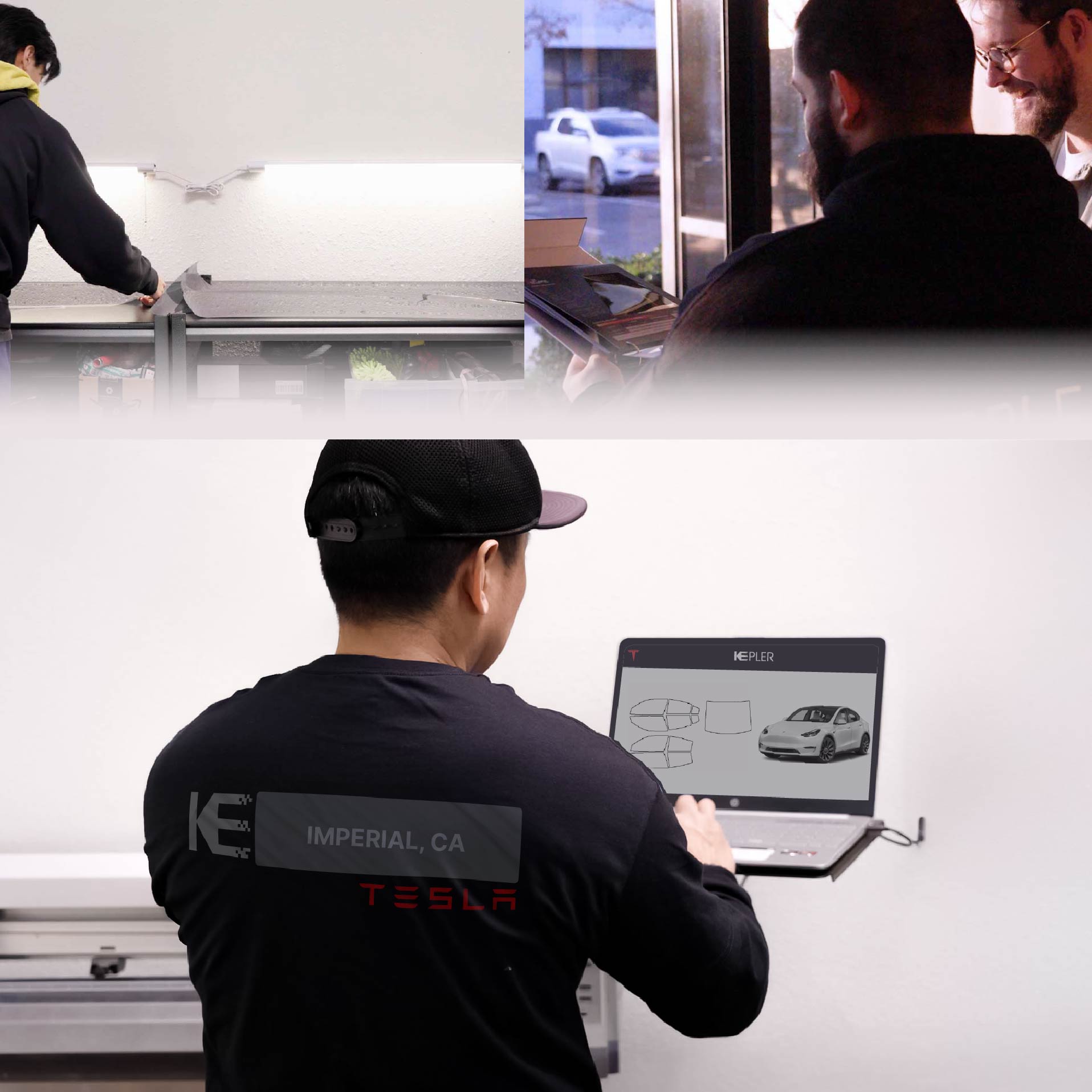 Expert Technician Applying Ceramic Window Tint to Tesla in Imperial