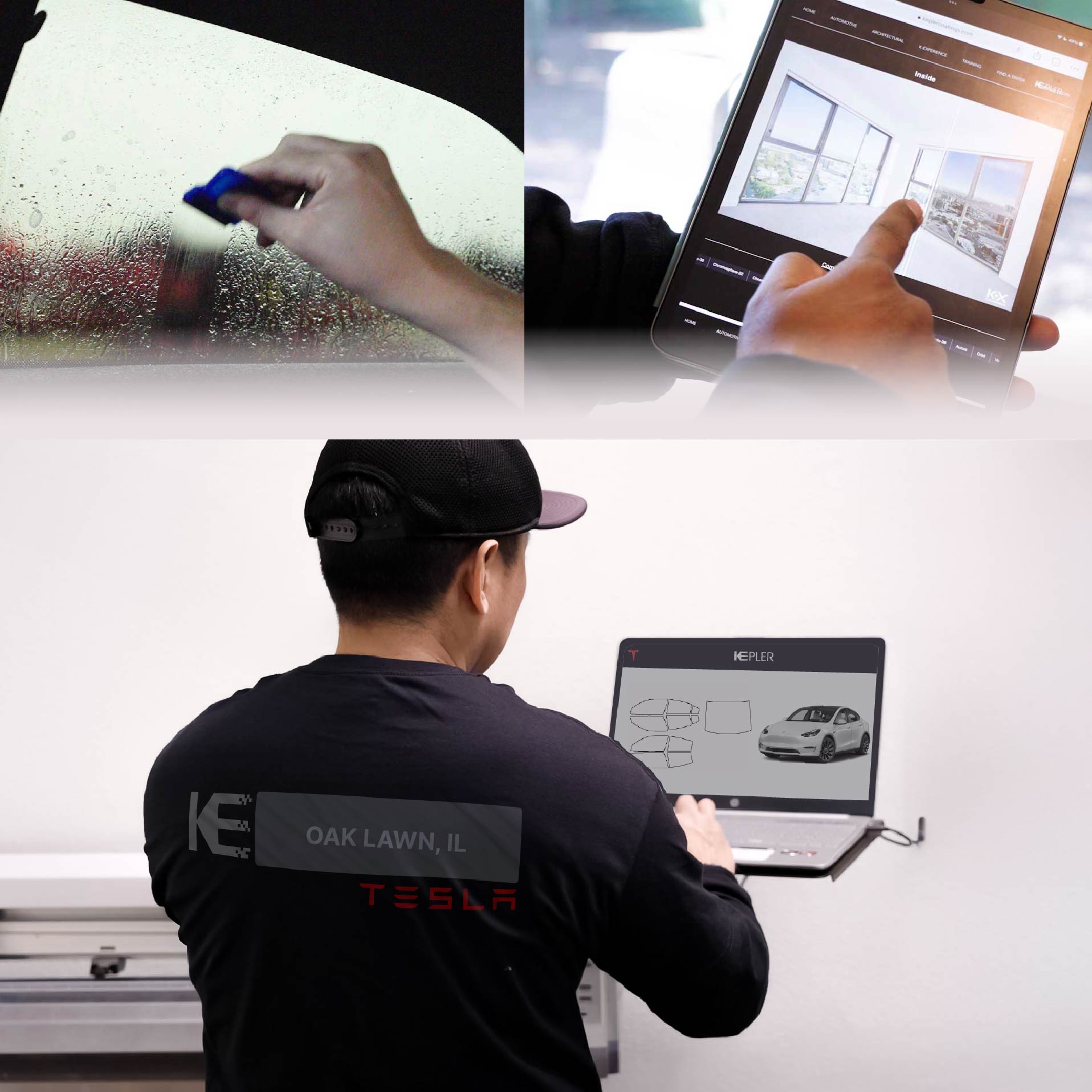 Kepler Technician Installing Ceramic Window Tint to Tesla in Oak Lawn