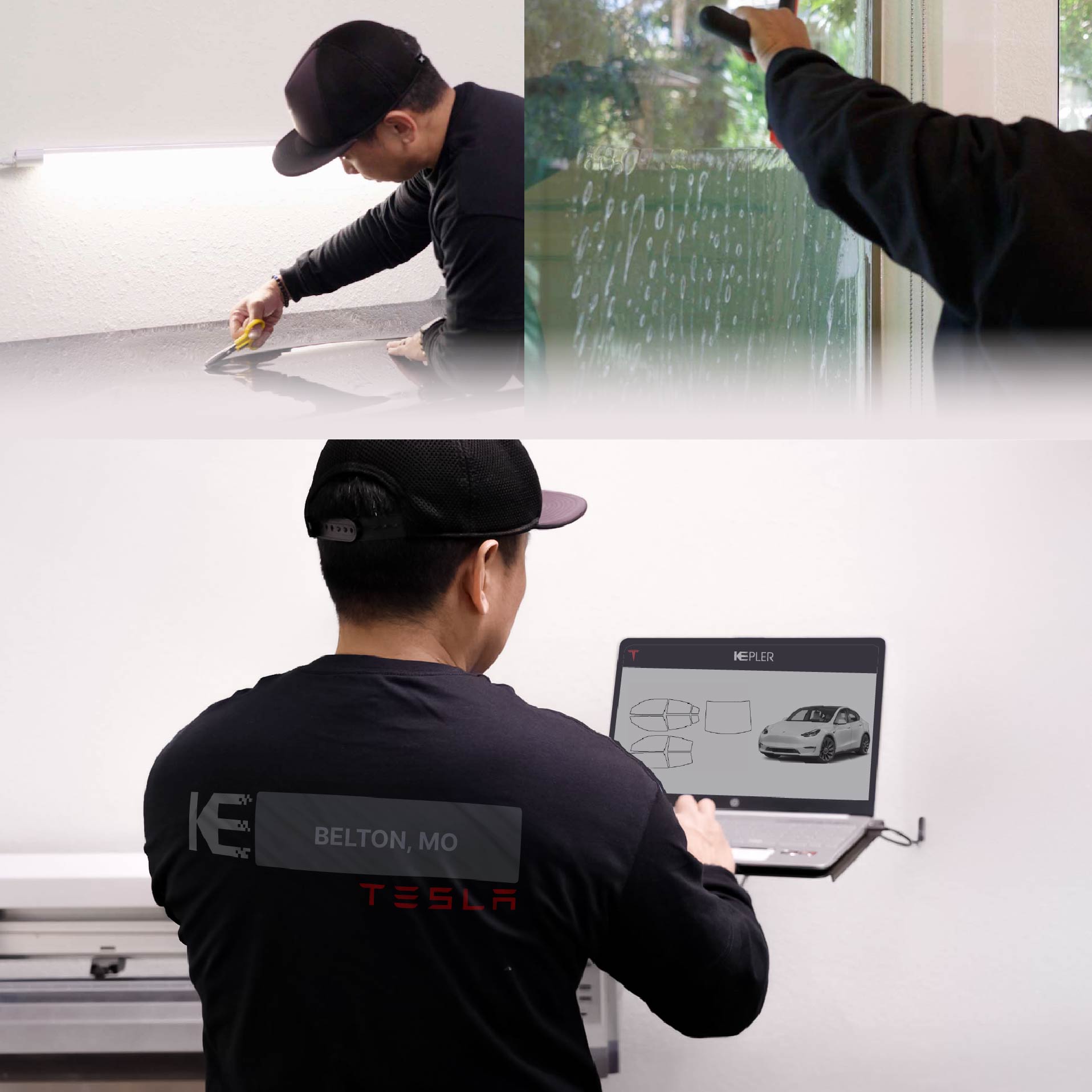 Kepler Technician Fitting Advanced Window Tint to Tesla in Belton