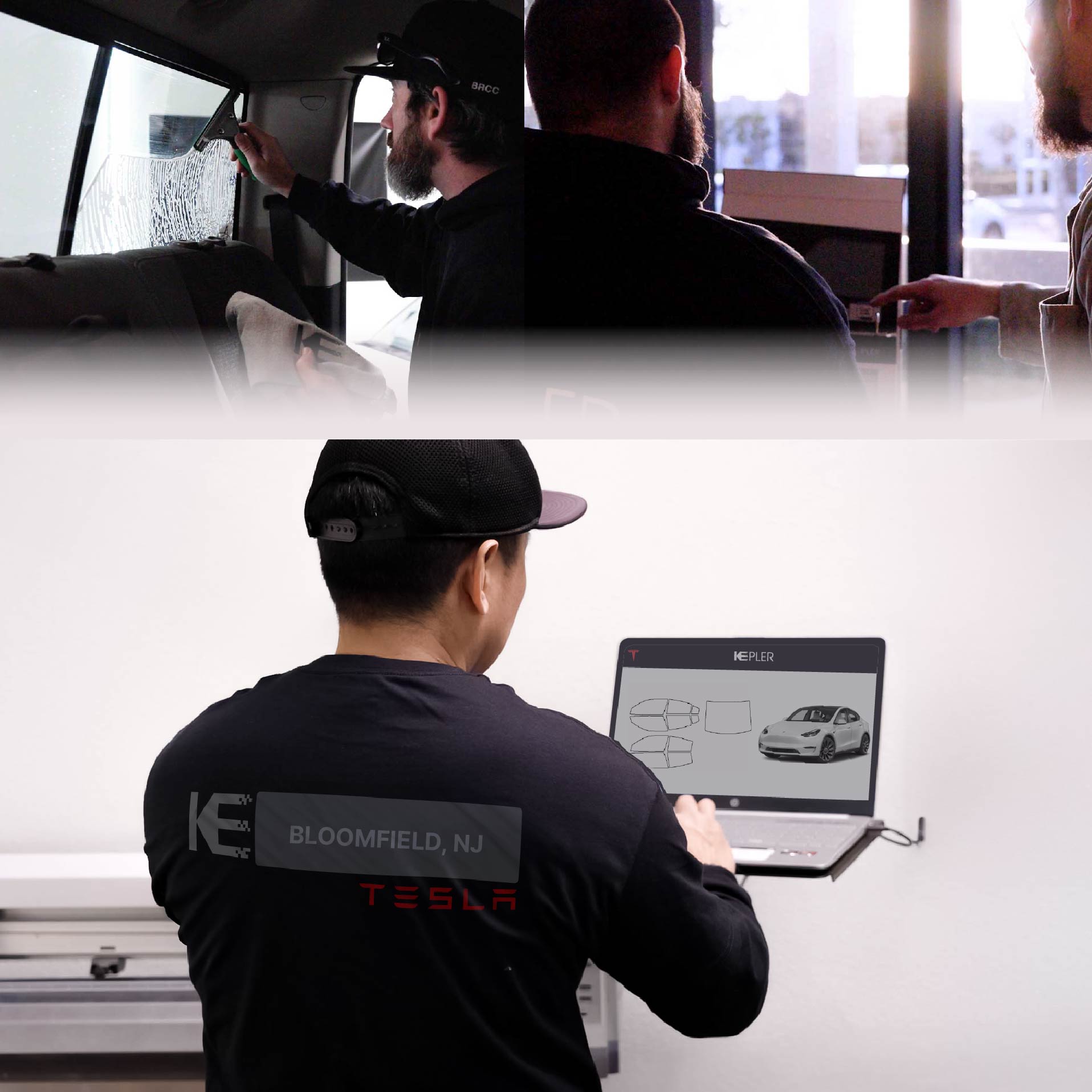 Expert Technician Applying Ceramic Window Tint to Tesla in Bloomfield