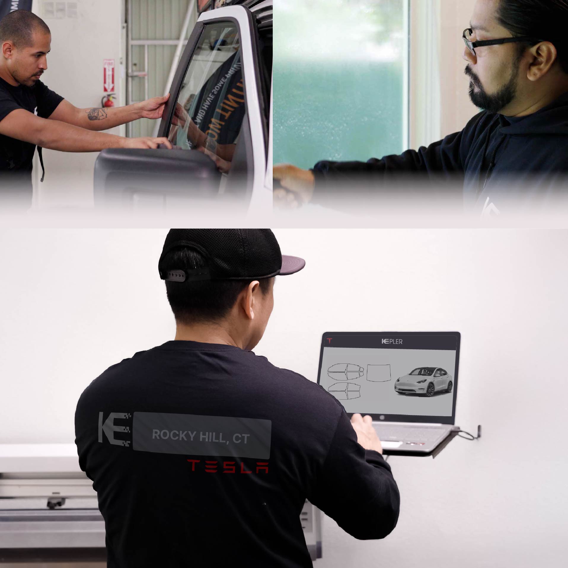 Expert Technician Applying Ceramic Window Tint to Tesla in Rocky Hill