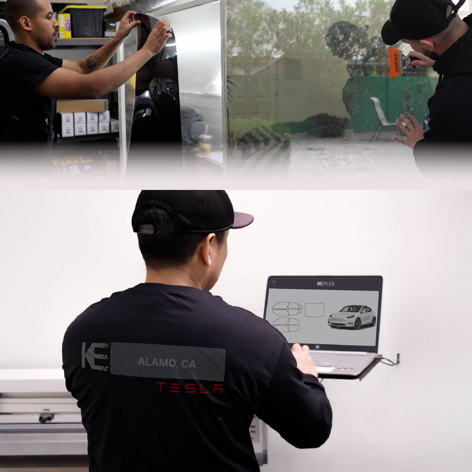 Kepler Technician Installing High-tech Window Tint to Tesla in Alamo