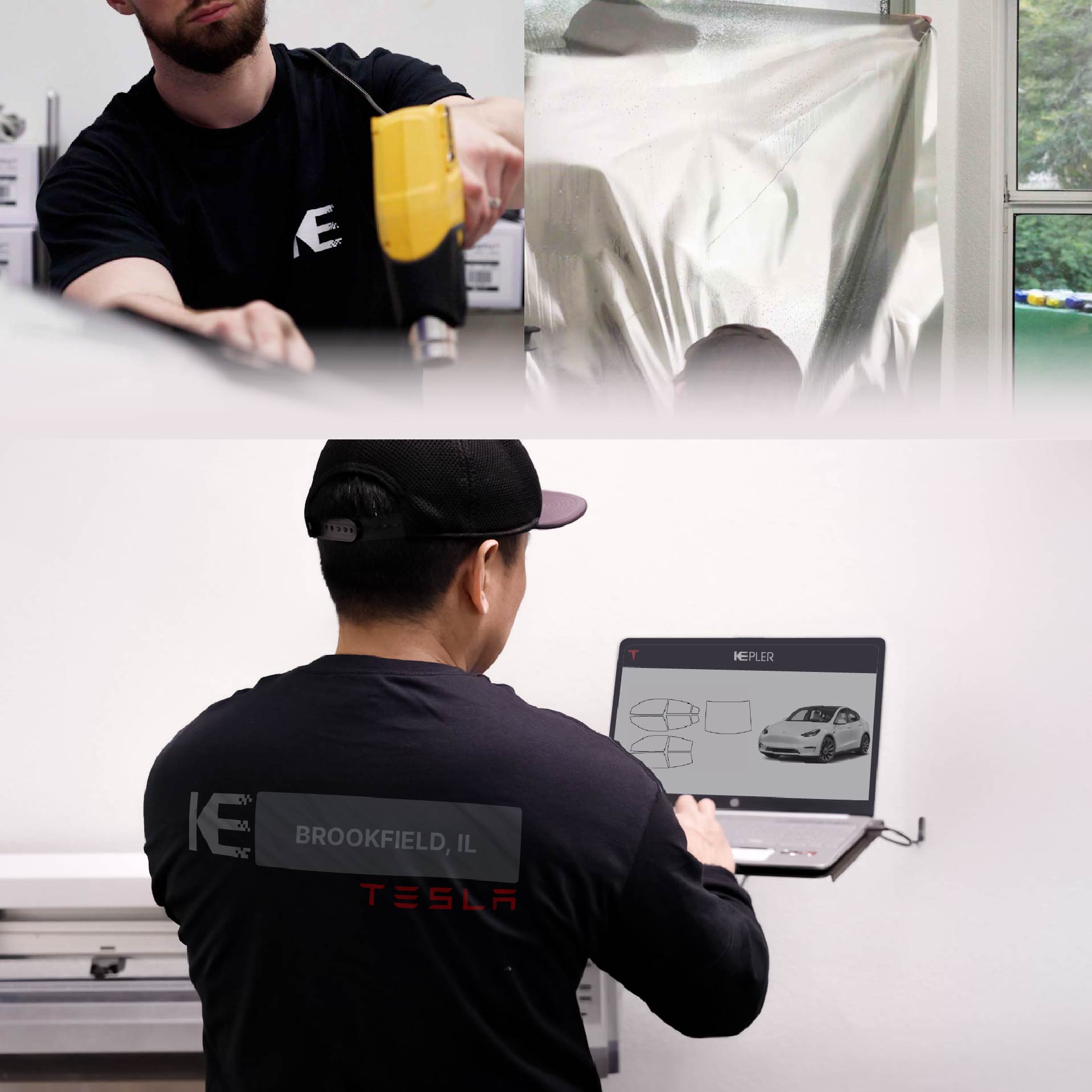 Kepler Technician Installing Advanced Window Tint to Tesla in Brookfield