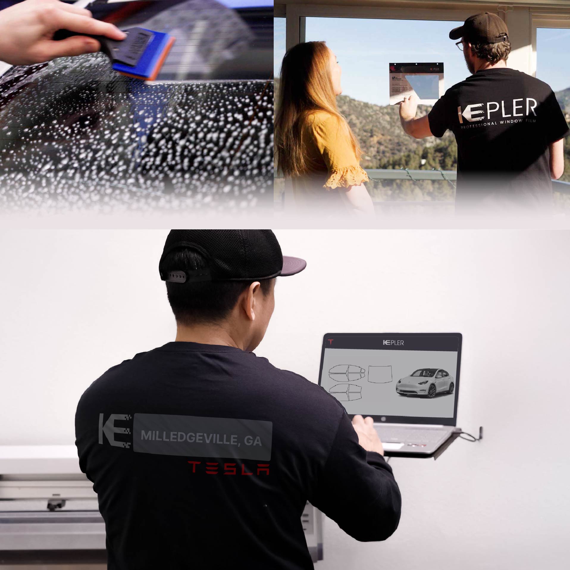 Expert Technician Applying High-tech Window Tint to Tesla in Milledgeville