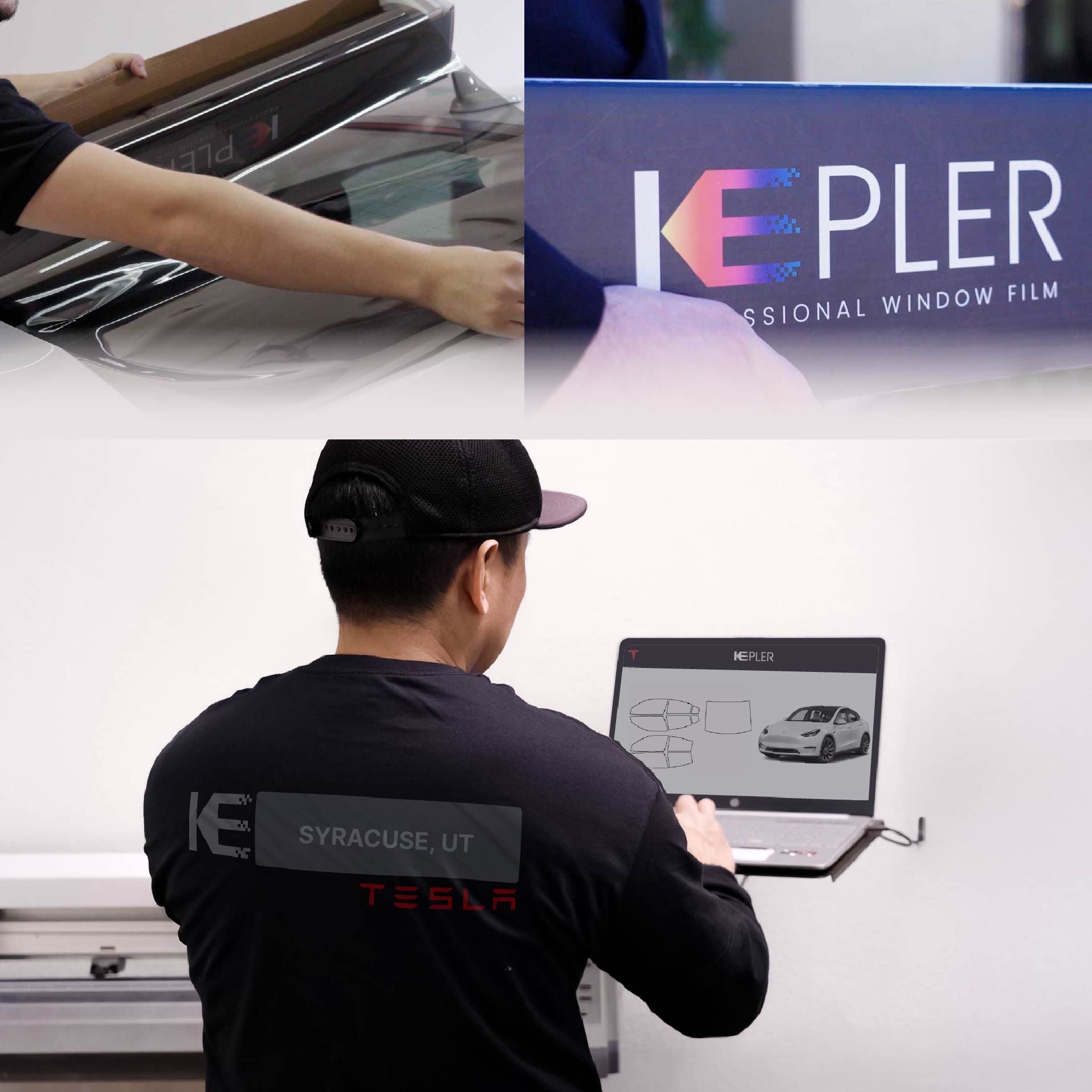 Expert Technician Applying Ceramic Window Tint to Tesla in Syracuse