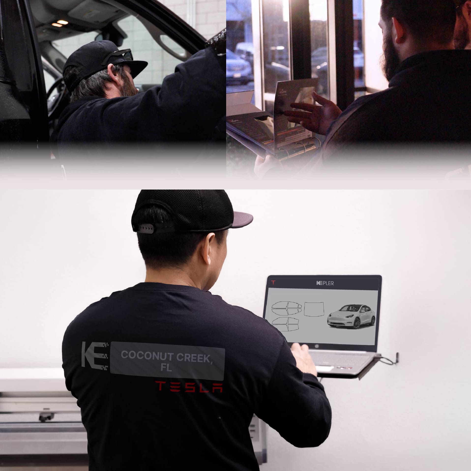 Expert Technician Installing Ceramic Window Tint to Tesla in Coconut Creek
