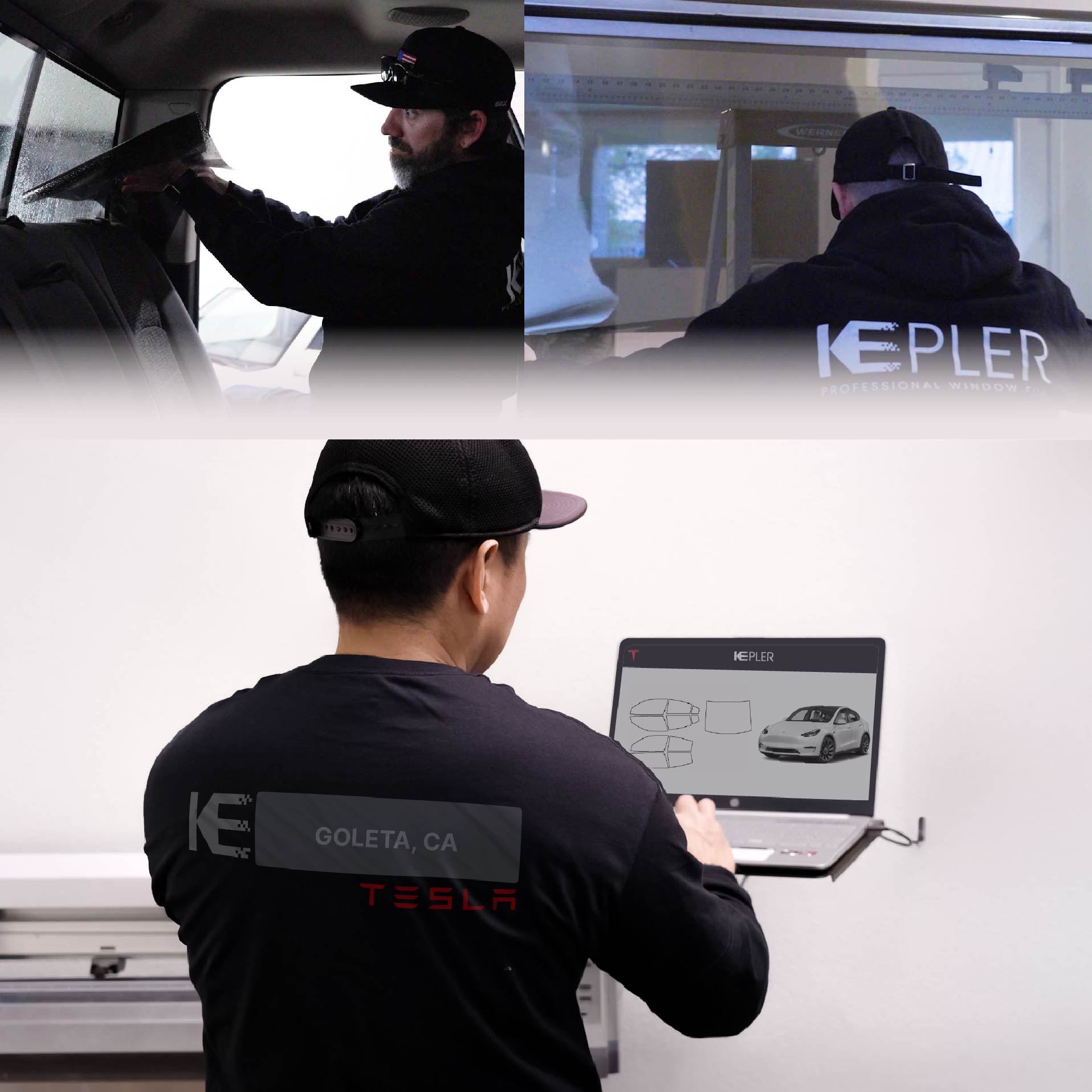 Expert Technician Installing Advanced Window Tint to Tesla in Goleta