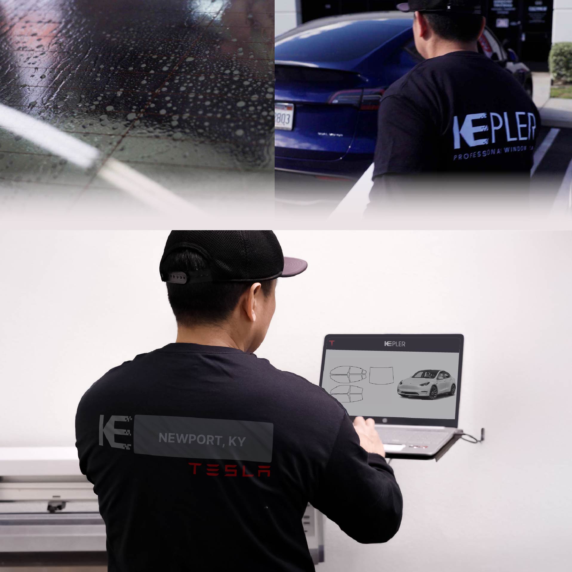Expert Technician Installing Advanced Window Tint to Tesla in Newport