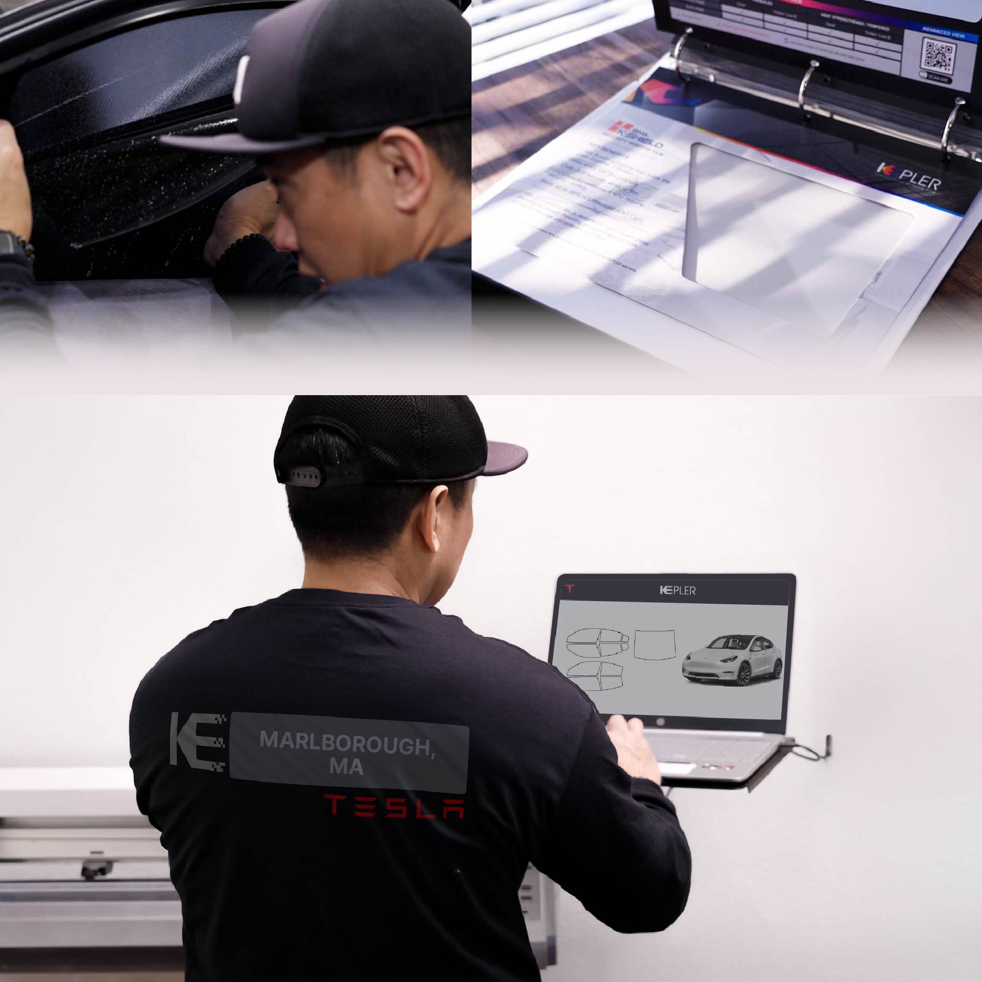 Kepler Technician Applying High-tech Window Tint to Tesla in Marlborough