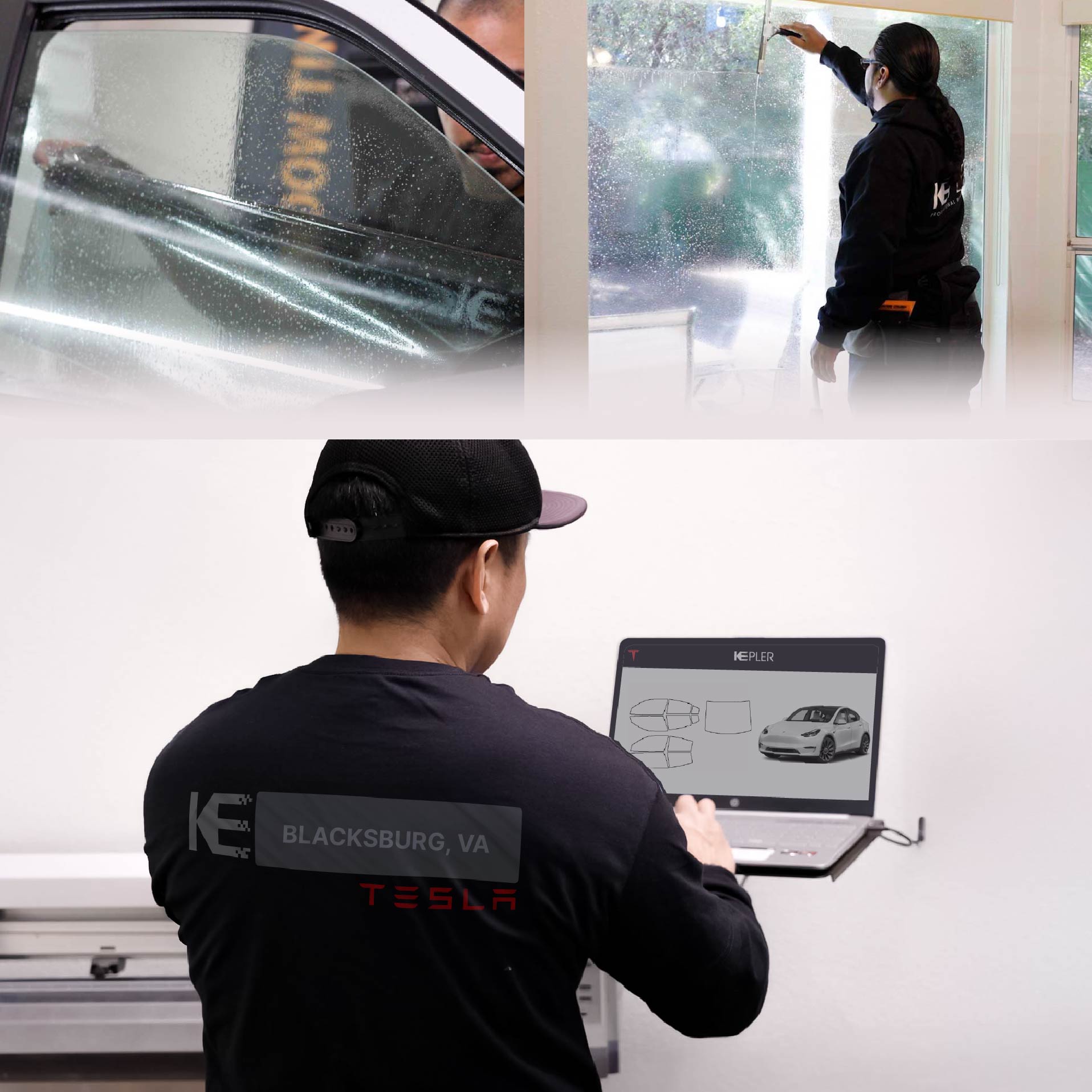 Expert Technician Installing Ceramic Window Tint to Tesla in Blacksburg
