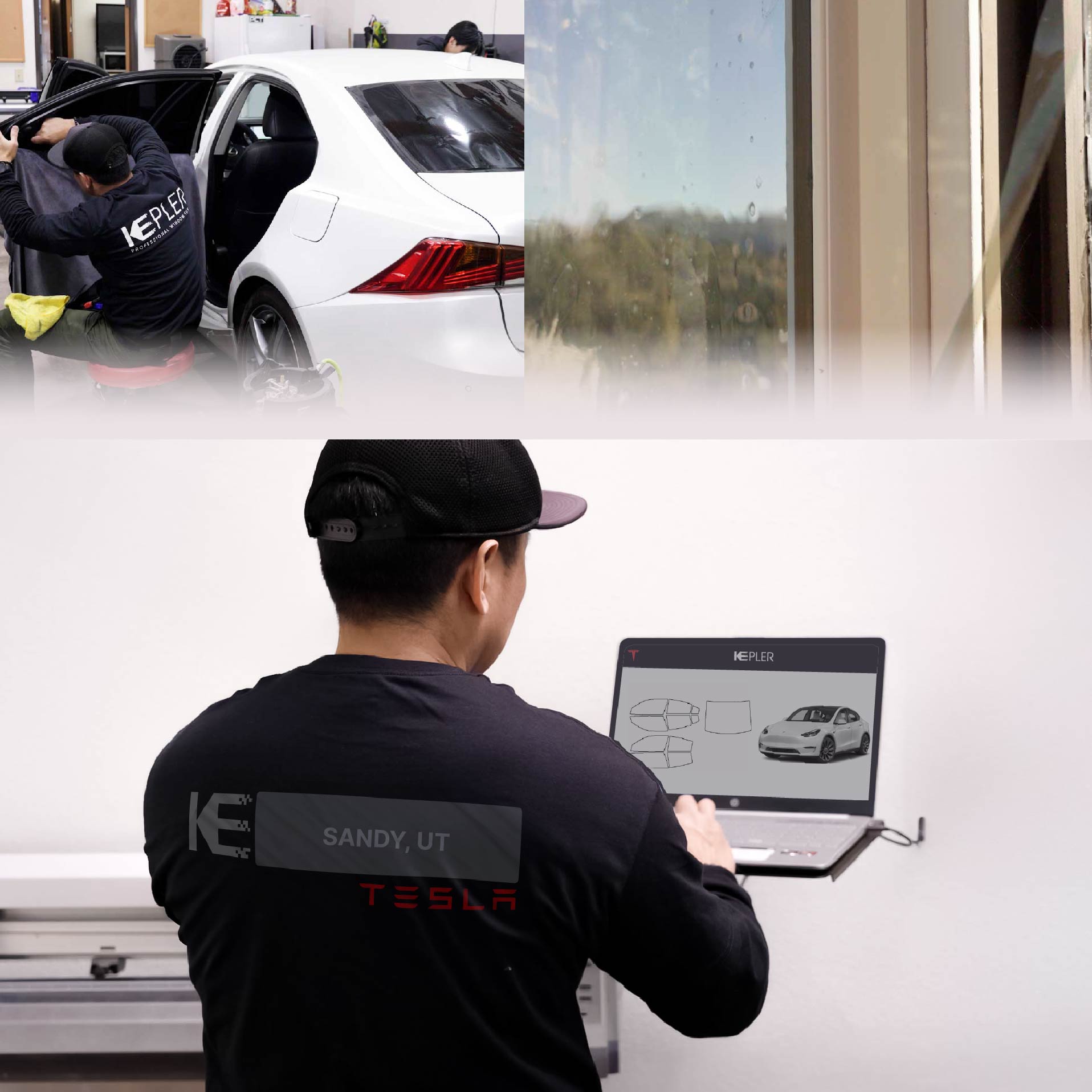 Expert Technician Applying Ceramic Window Tint to Tesla in Sandy