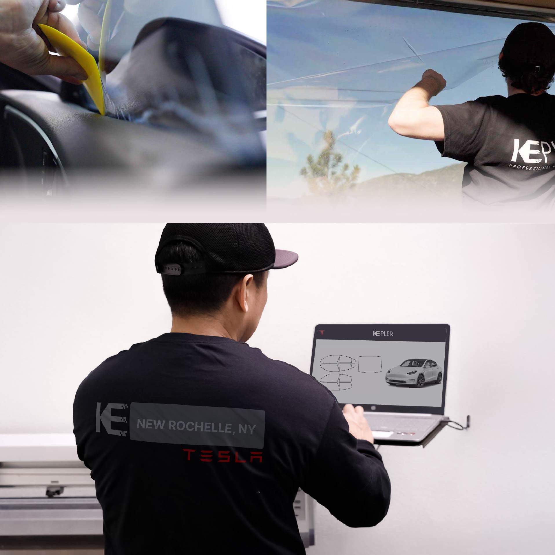 Kepler Technician Fitting Advanced Window Tint to Tesla in New Rochelle