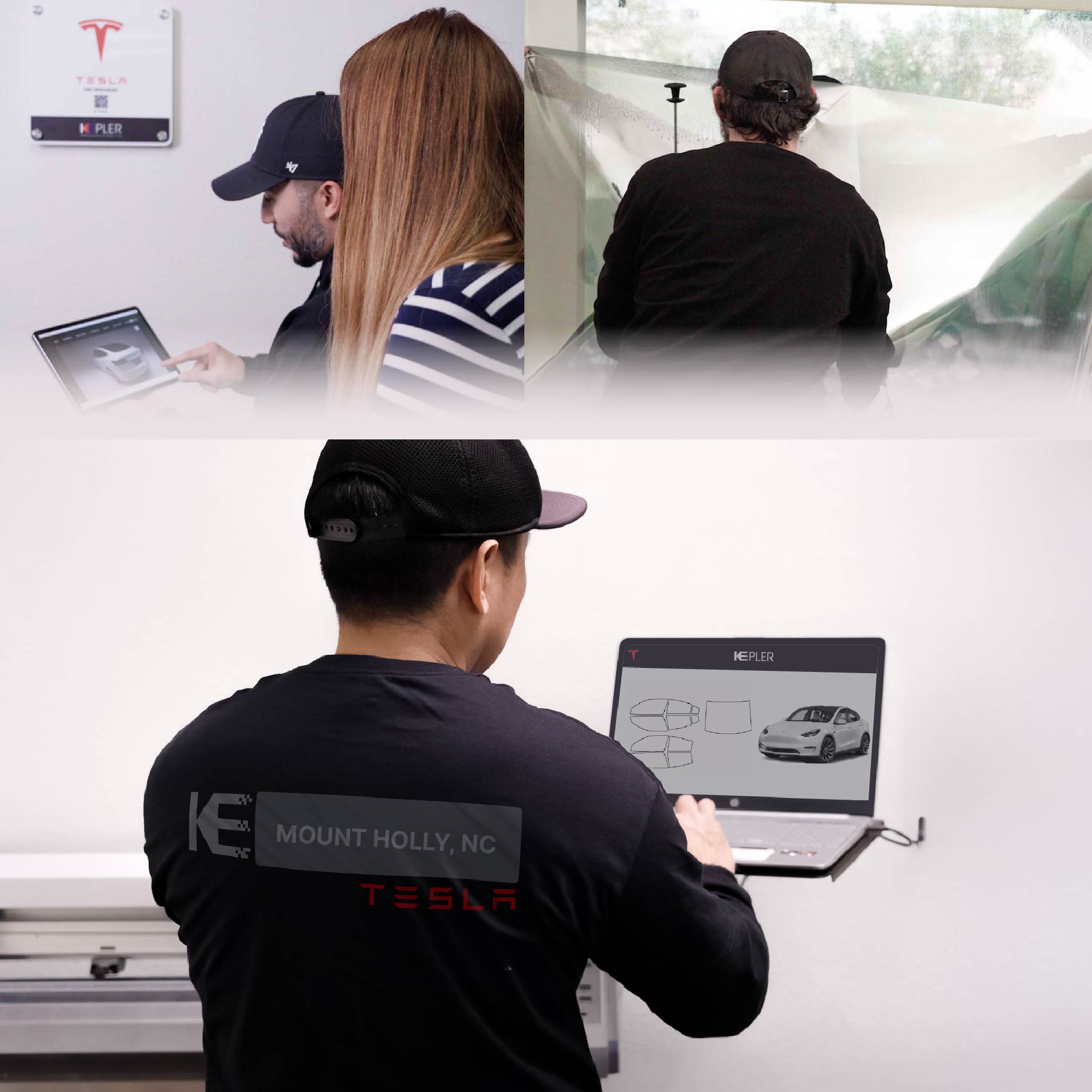 Expert Technician Fitting Ceramic Window Tint to Tesla in Mount Holly