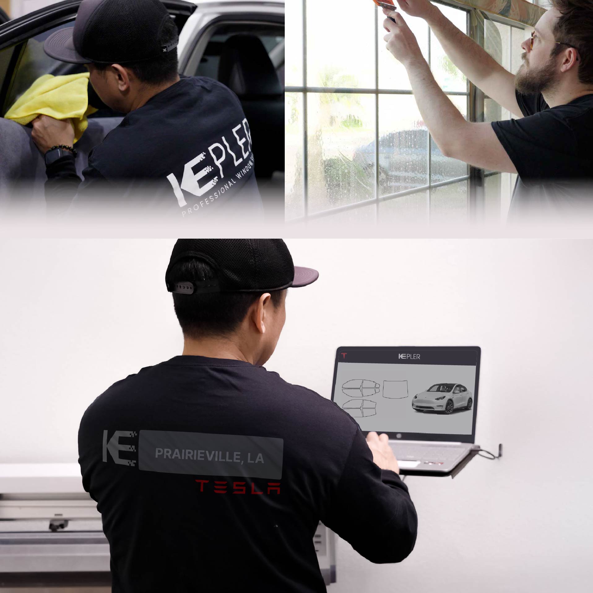 Expert Technician Applying Advanced Window Tint to Tesla in Prairieville