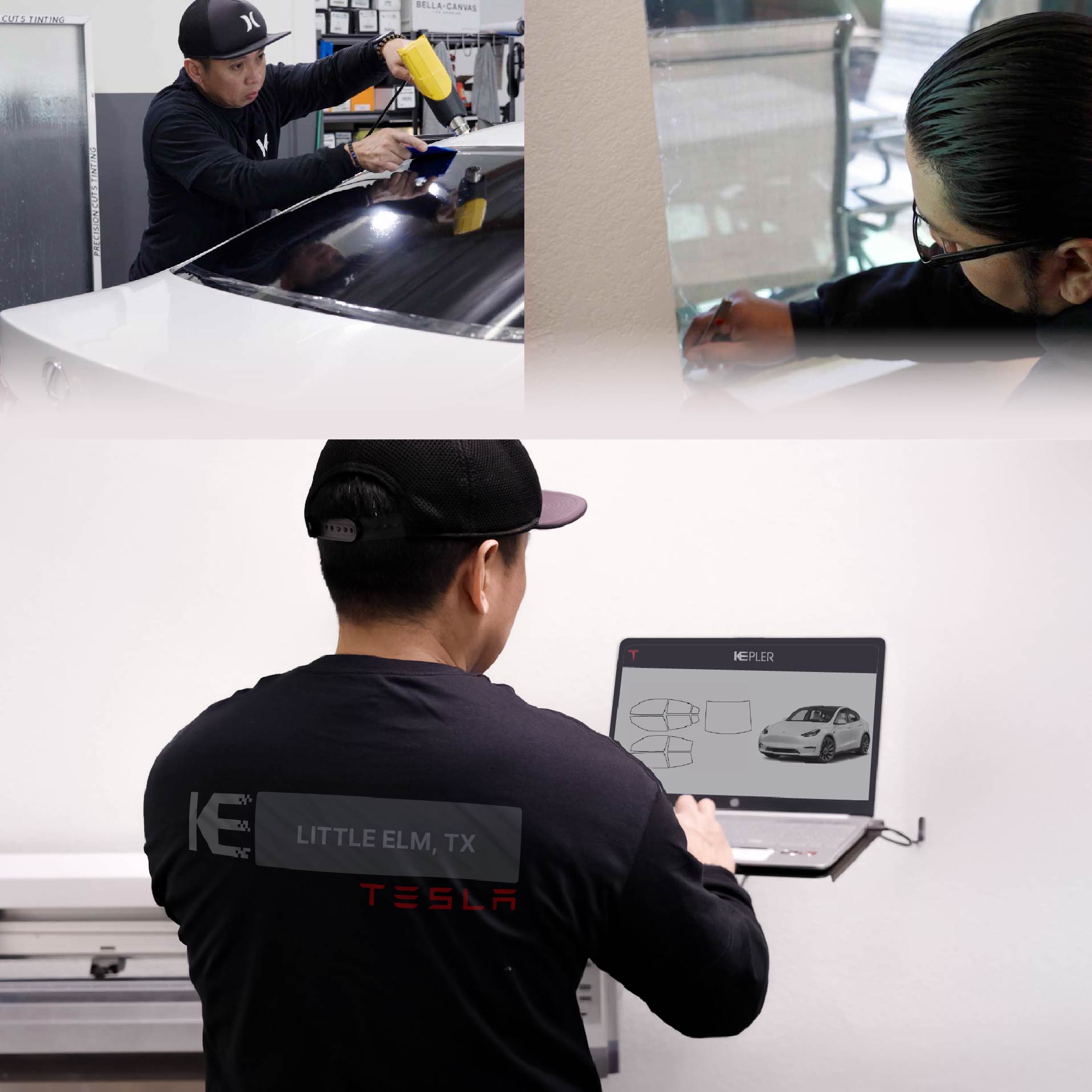 Expert Technician Fitting Ceramic Window Tint to Tesla in Little Elm