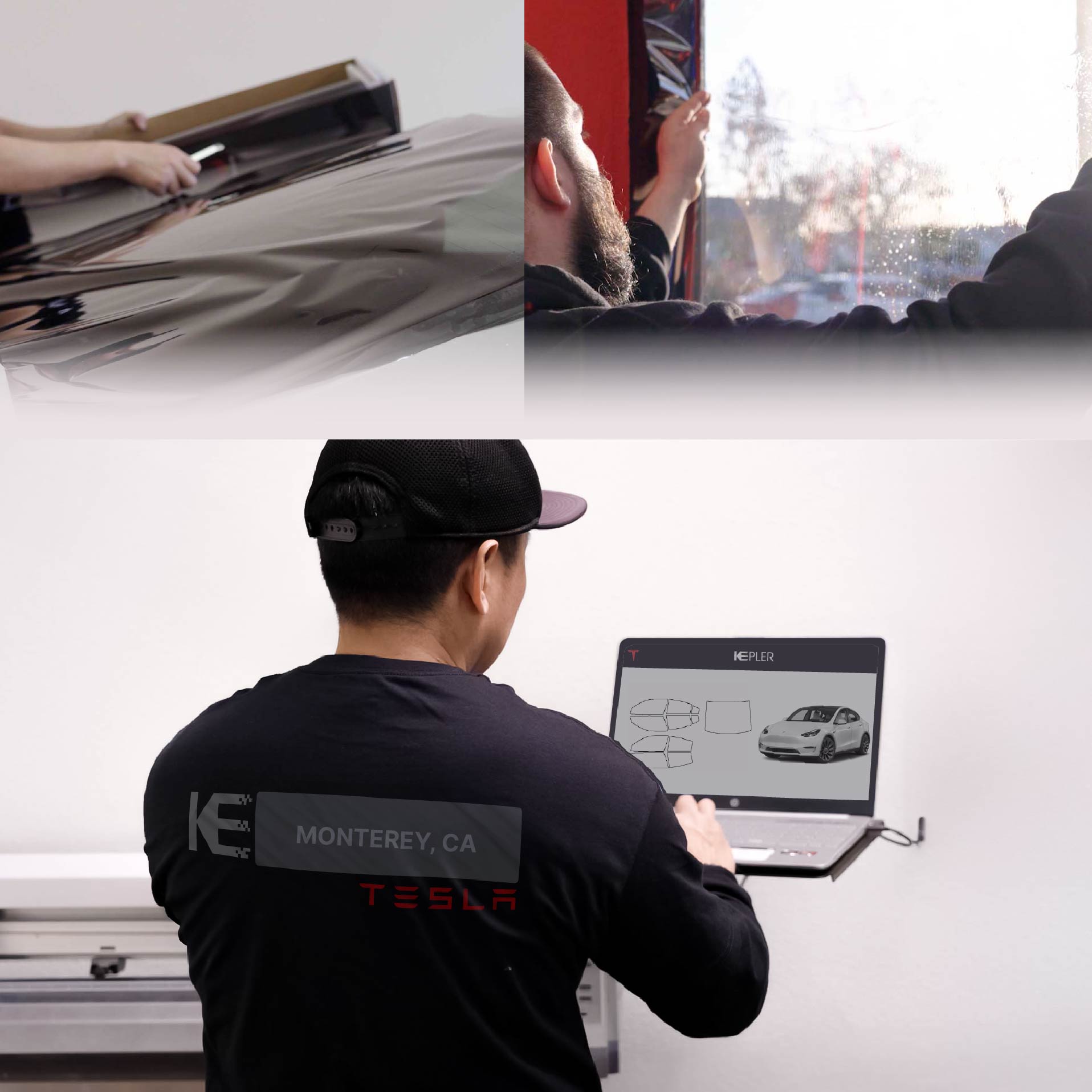 Expert Technician Fitting Ceramic Window Tint to Tesla in Monterey