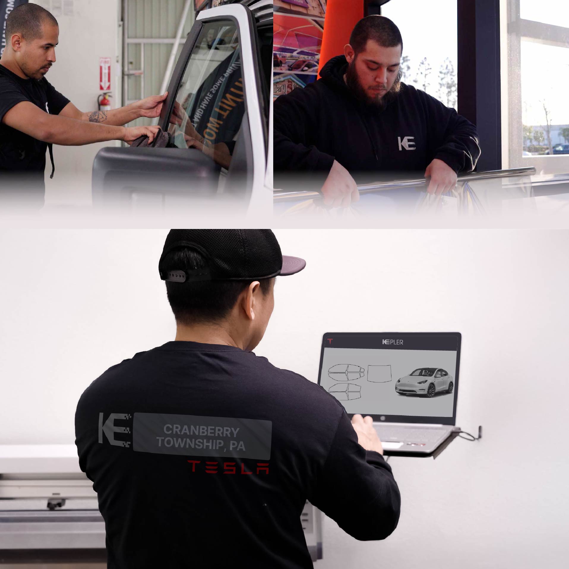 Expert Technician Applying Ceramic Window Tint to Tesla in Cranberry Township