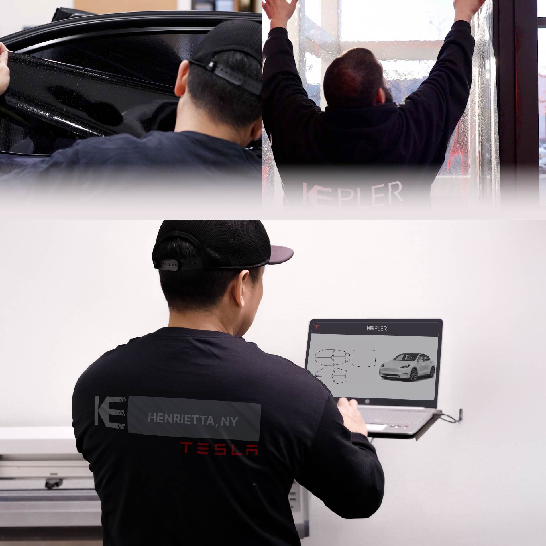 Kepler Technician Fitting High-tech Window Tint to Tesla in Henrietta