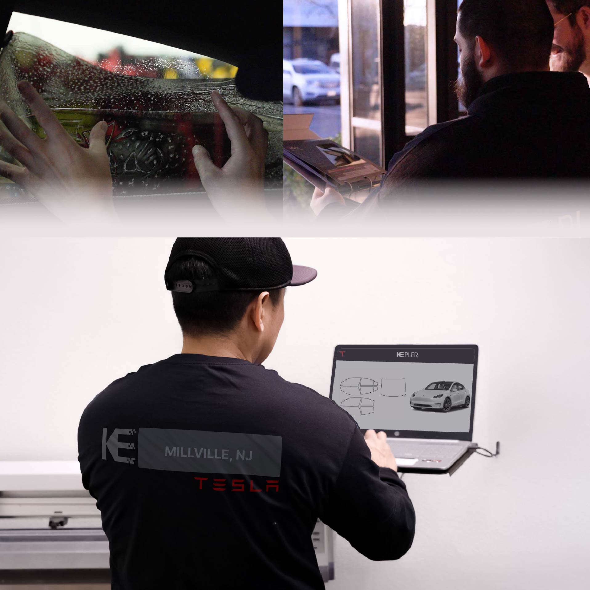 Expert Technician Fitting Advanced Window Tint to Tesla in Millville