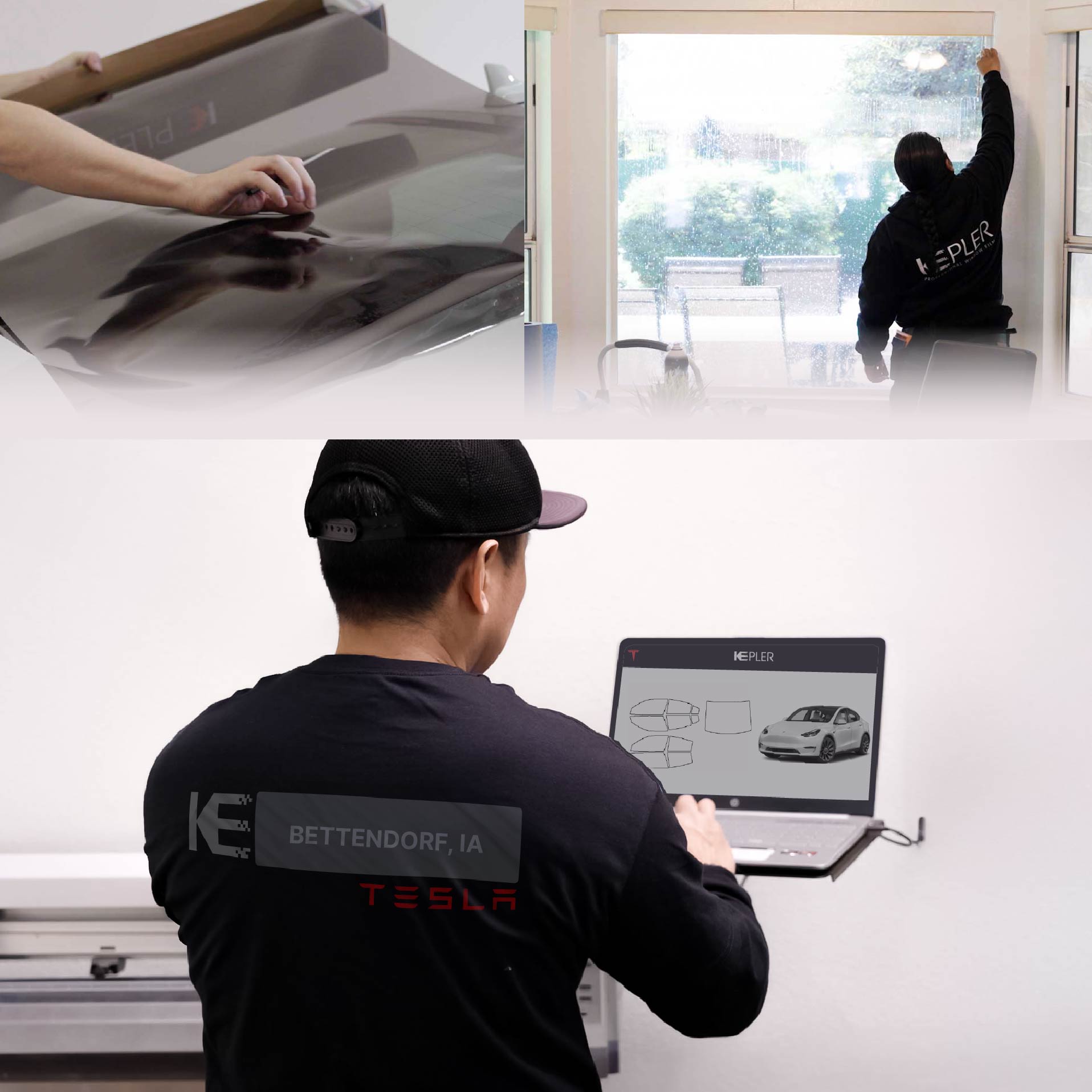 Expert Technician Applying Advanced Window Tint to Tesla in Bettendorf