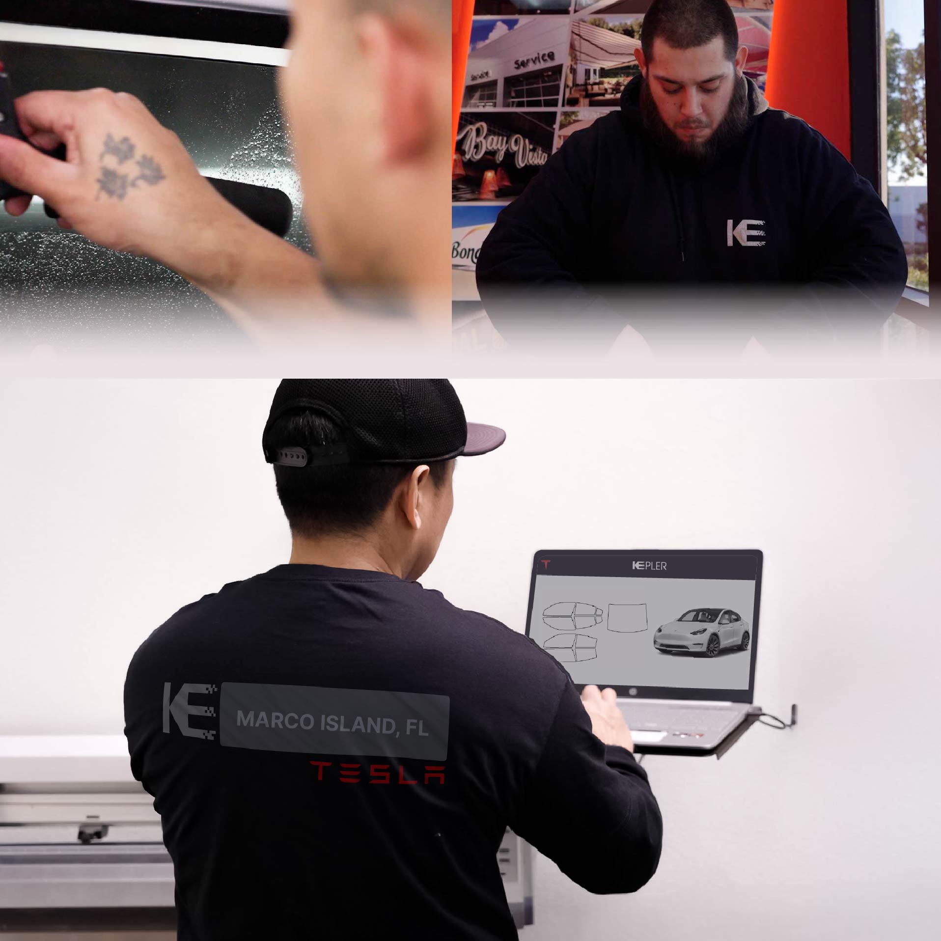 Kepler Technician Fitting Ceramic Window Tint to Tesla in Marco Island
