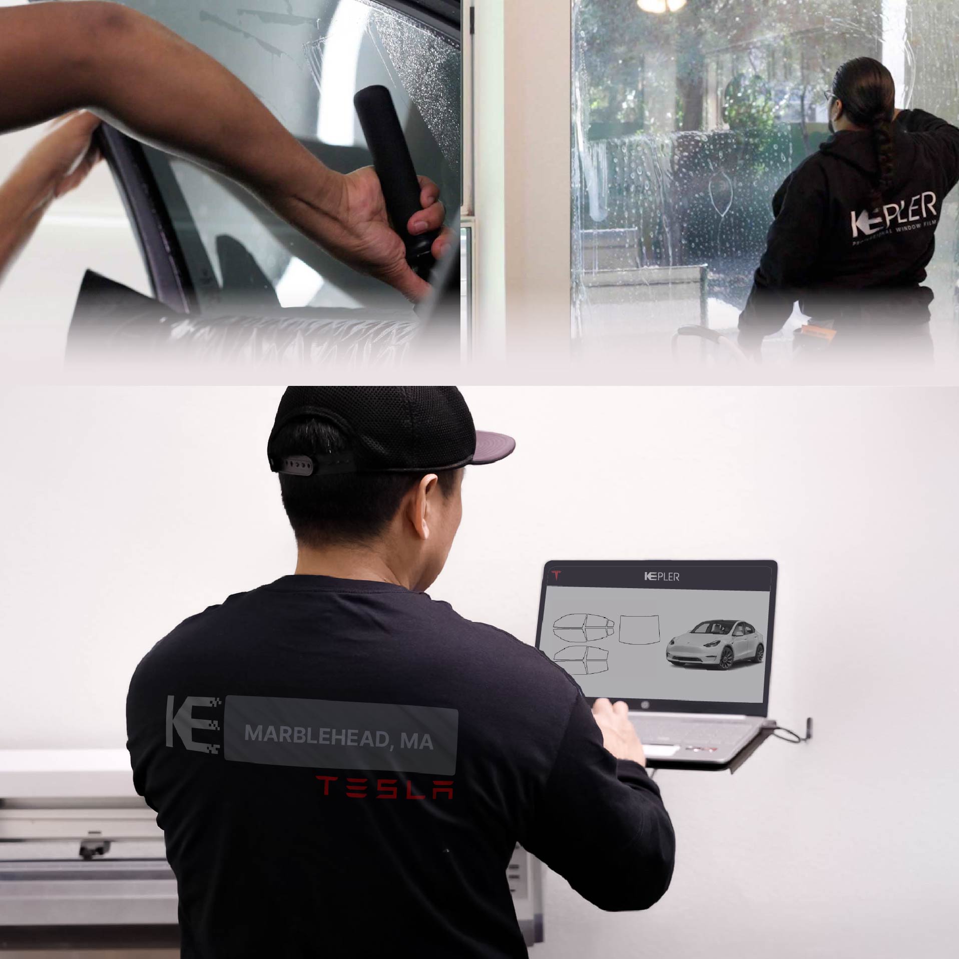 Kepler Technician Fitting High-tech Window Tint to Tesla in Marblehead