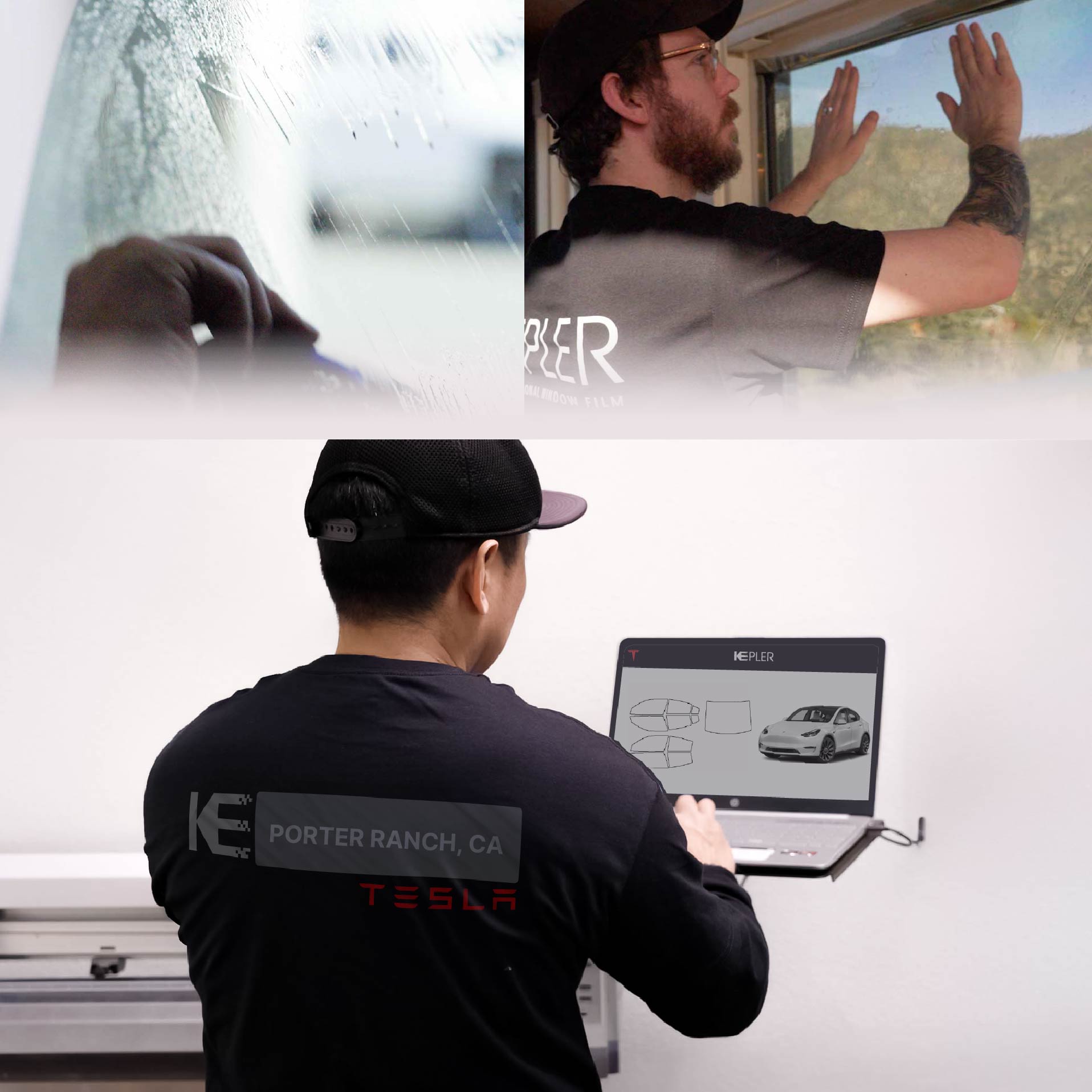 Kepler Technician Applying Advanced Window Tint to Tesla in Porter Ranch