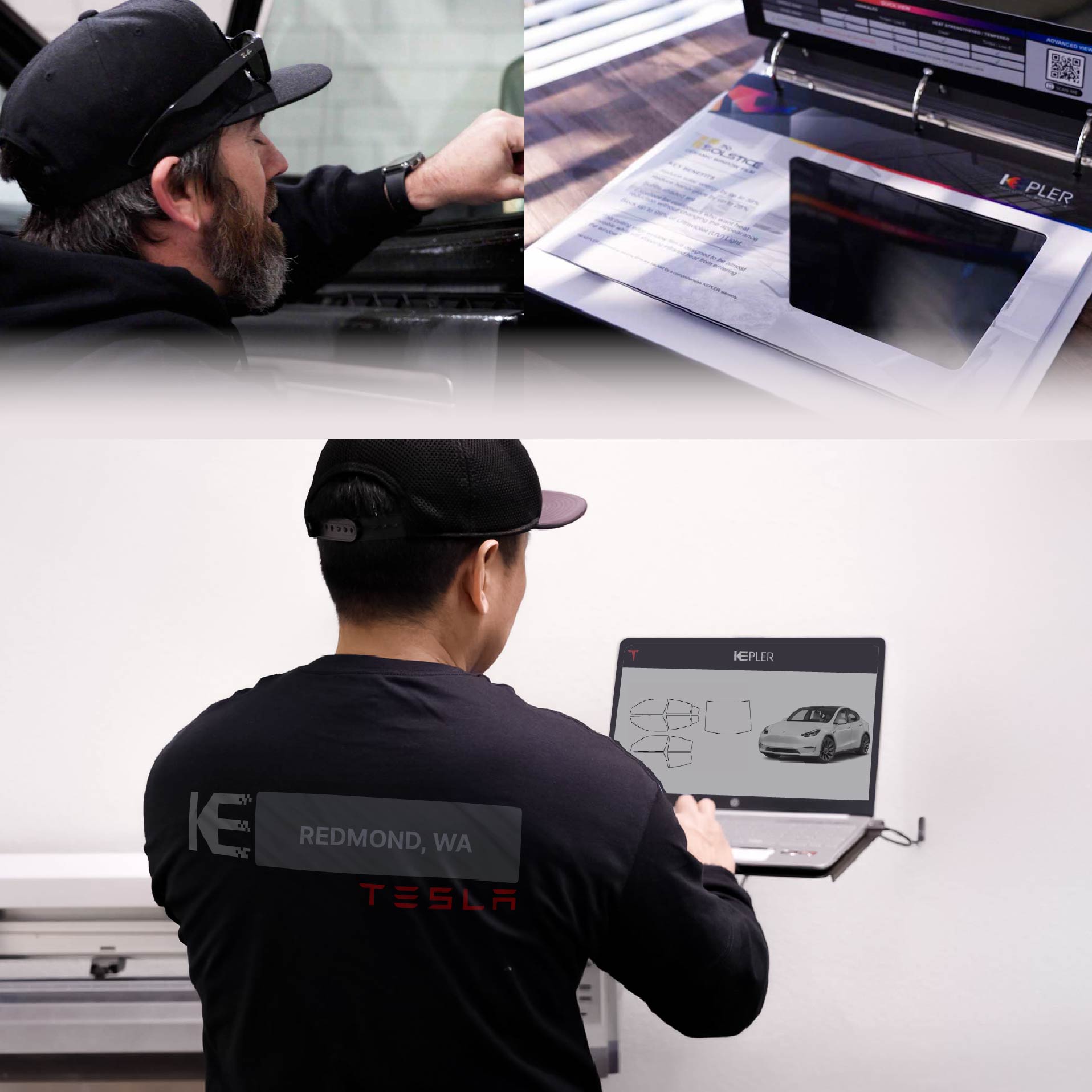 Expert Technician Applying Advanced Window Tint to Tesla in Redmond