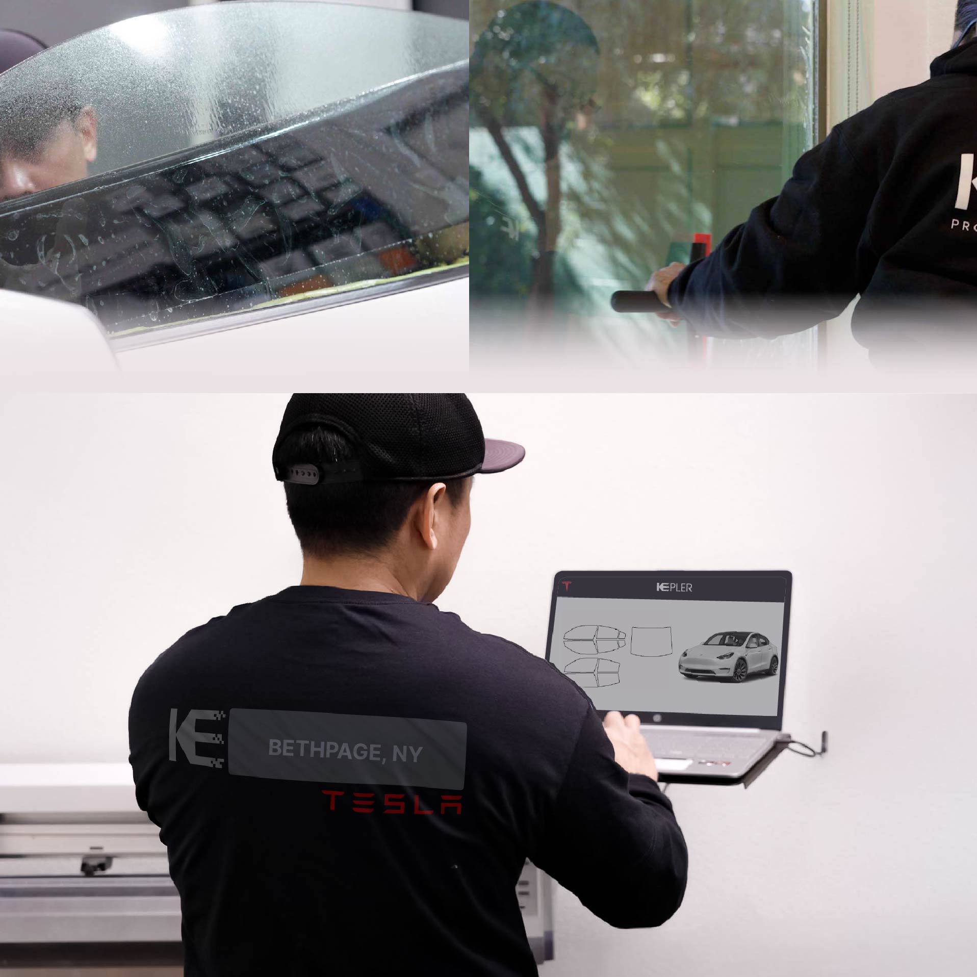 Kepler Technician Fitting High-tech Window Tint to Tesla in Bethpage
